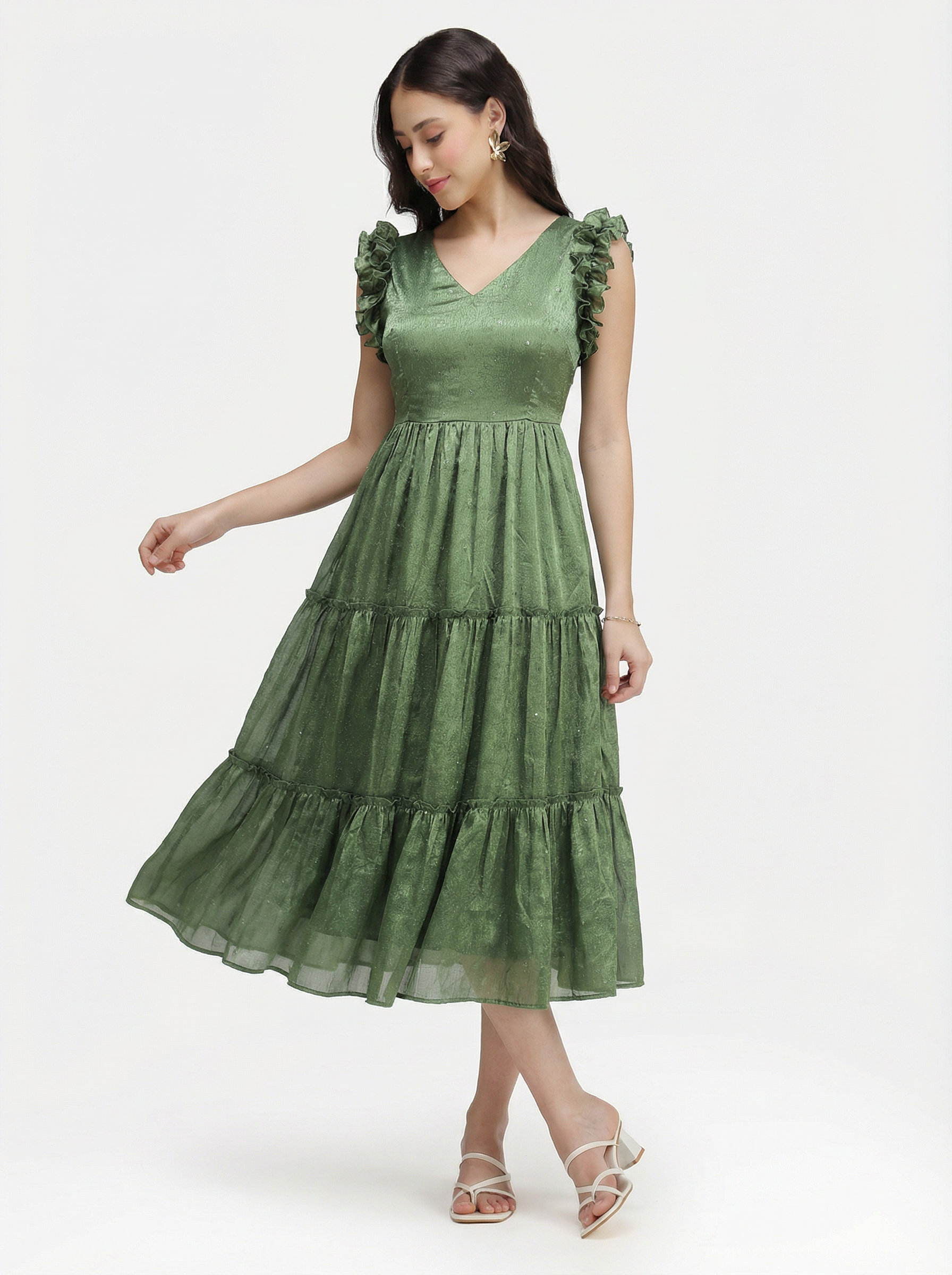 SEQUIN DETAILED TIERED MIDI DRESS ZIVA - OLIVE GREEN