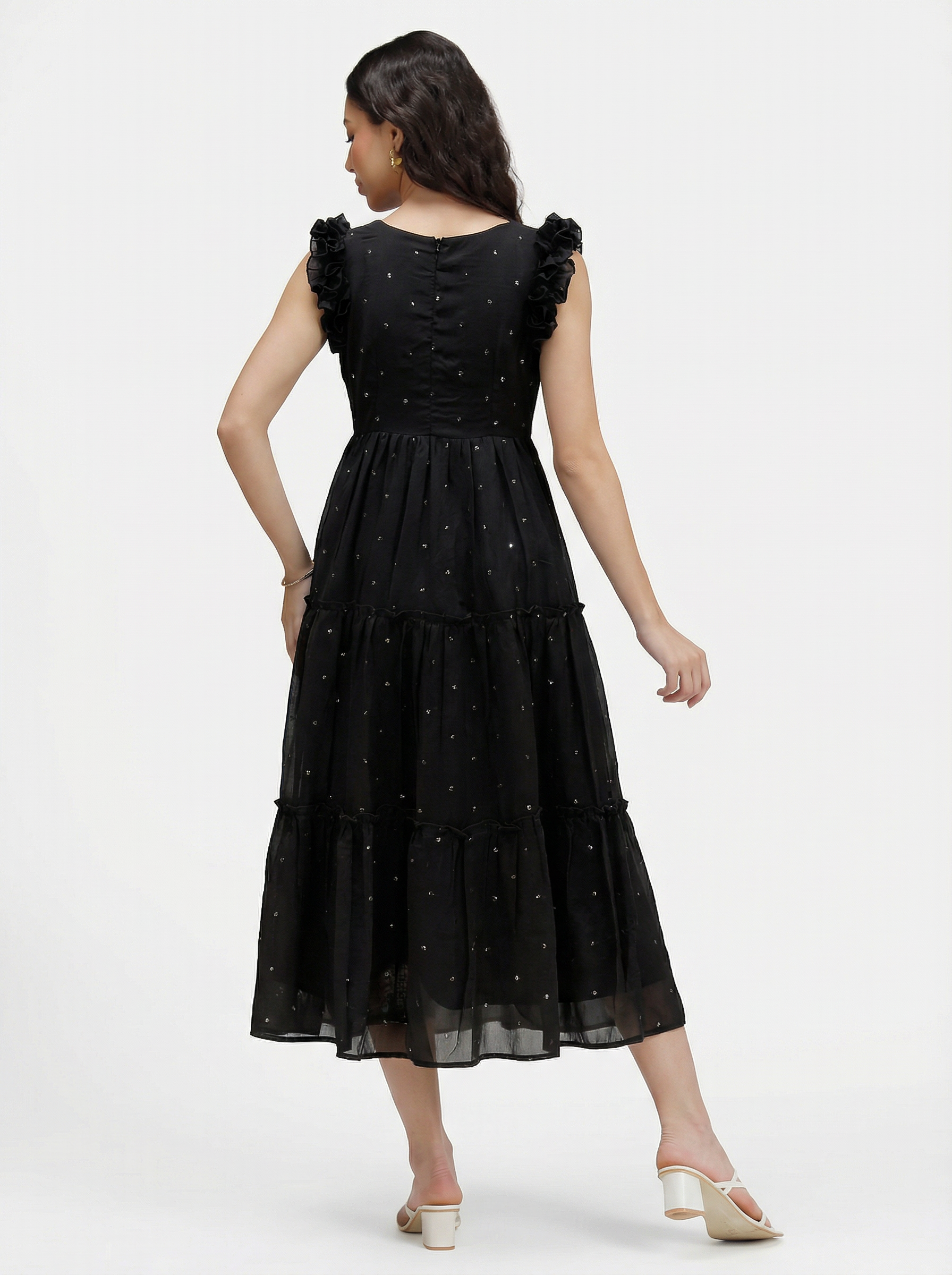 SEQUIN DETAILED TIERED MIDI DRESS ZIVA - BLACK