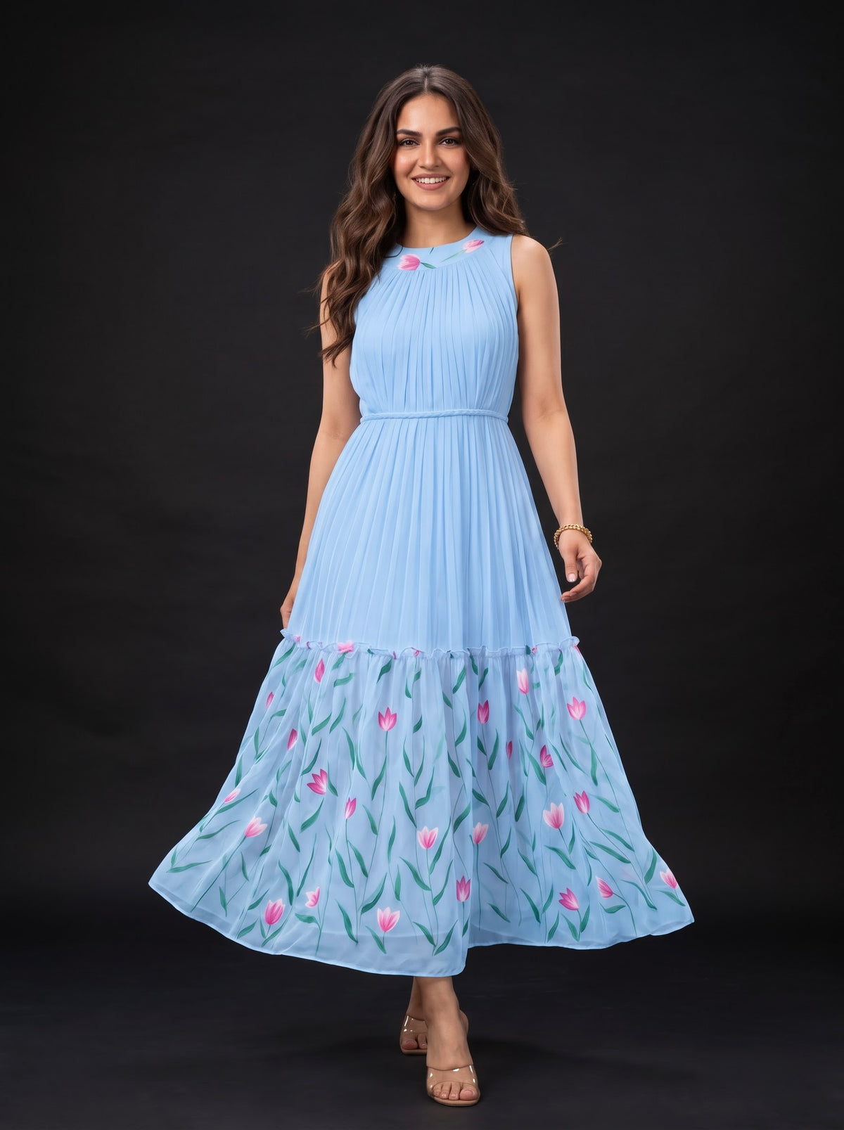 Pleat Floral Midi Dress Vasanta - Powder Blue