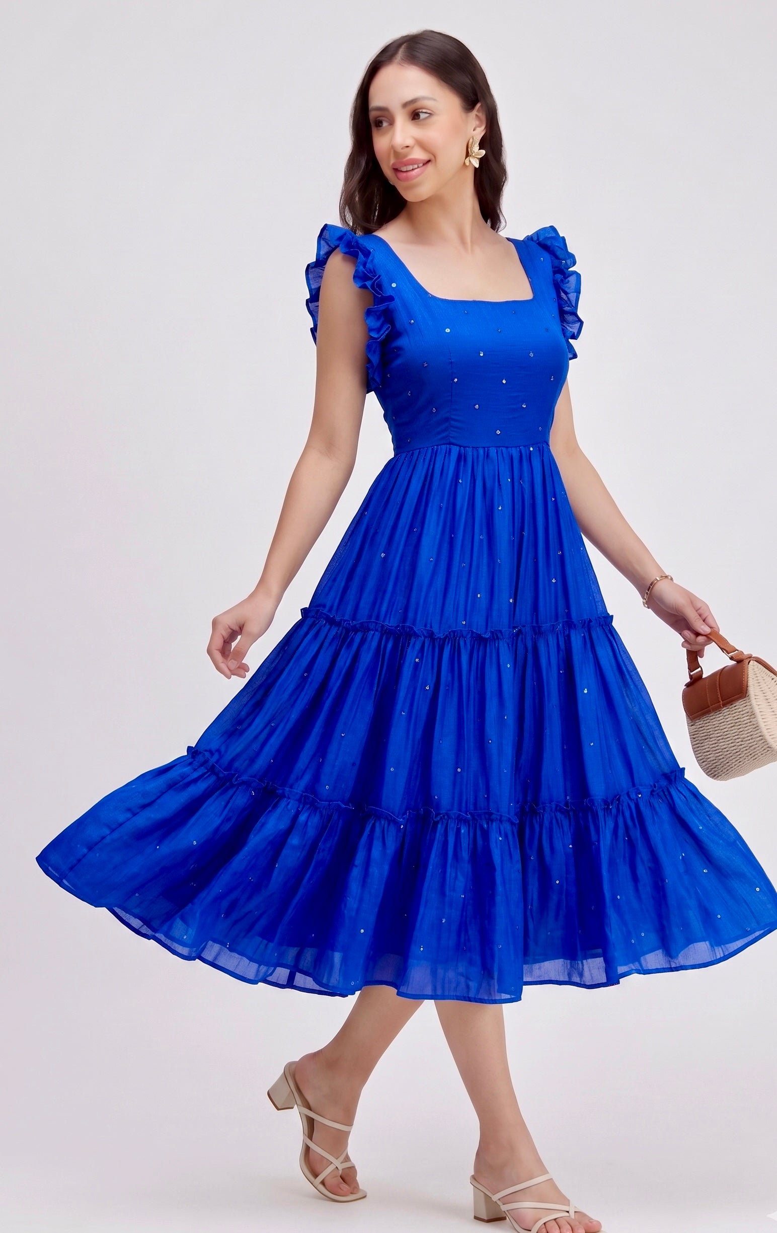 SEQUIN DETAILED TIERED MIDI DRESS ZIVA - ROYAL BLUE