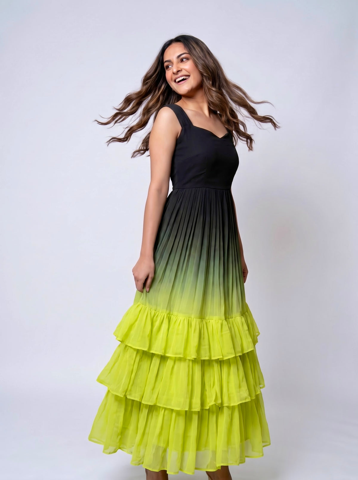 Three Layer Midi Dress Vasanta - Ombré Black and Lime