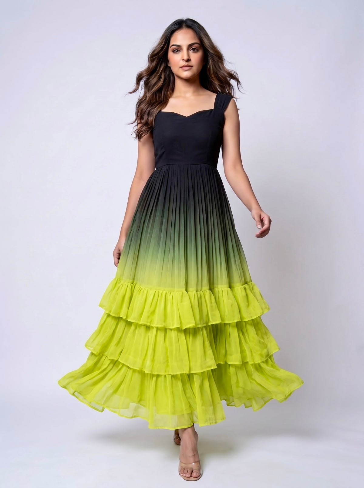 Three Layer Midi Dress Vasanta - Ombré Black and Lime