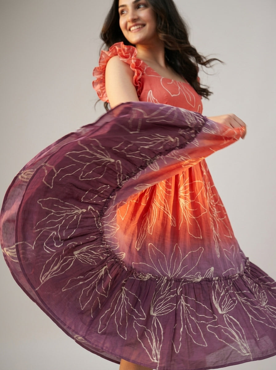 Tiered Midi Dress Rangini - Ombré Orange and Purple