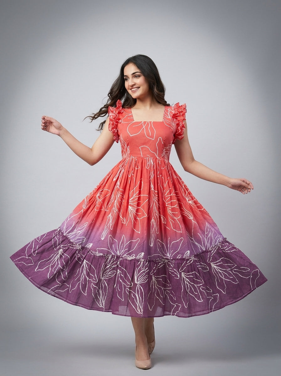 Tiered Midi Dress Rangini - Ombré Orange and Purple