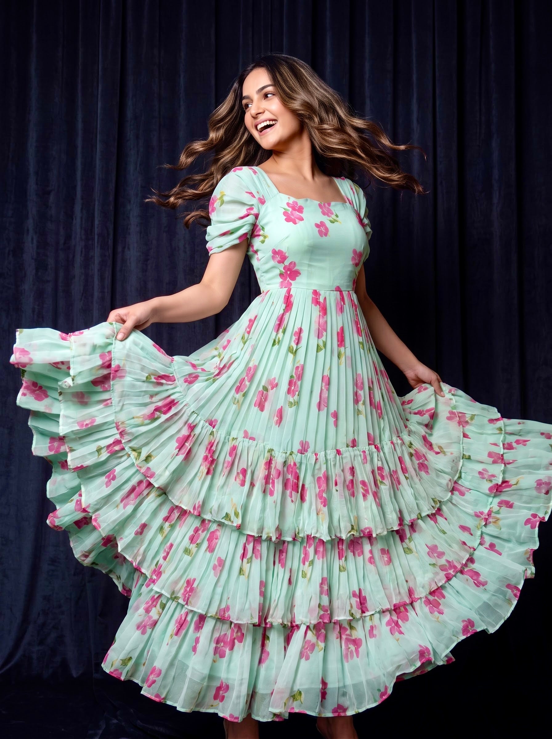 Pleated Three Layer Dress Vasanta - Mint Blossom