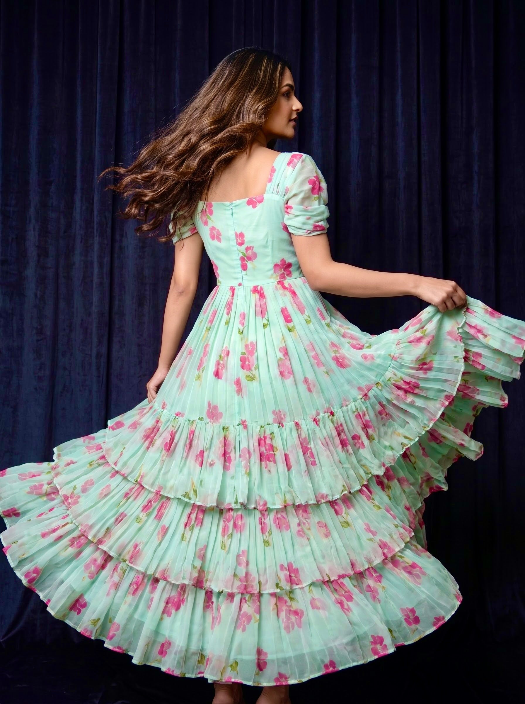 Pleated Three Layer Dress Vasanta - Mint Blossom