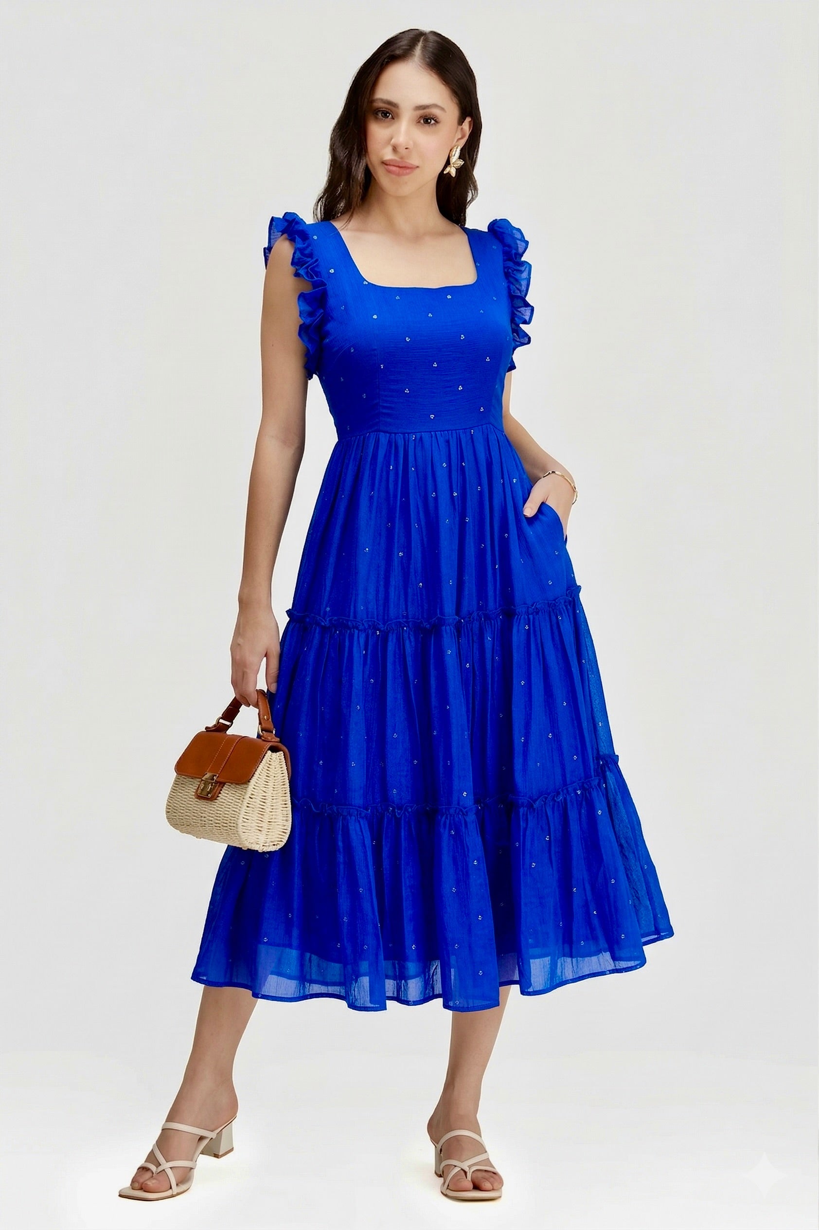 SEQUIN DETAILED TIERED MIDI DRESS ZIVA - ROYAL BLUE