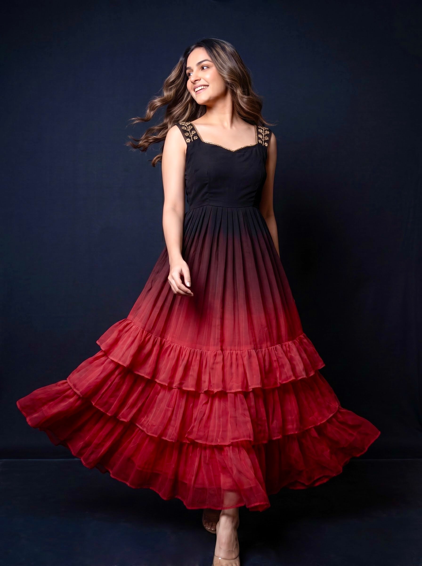 Three Layer Midi Dress Vasanta - Ombré Black and Red