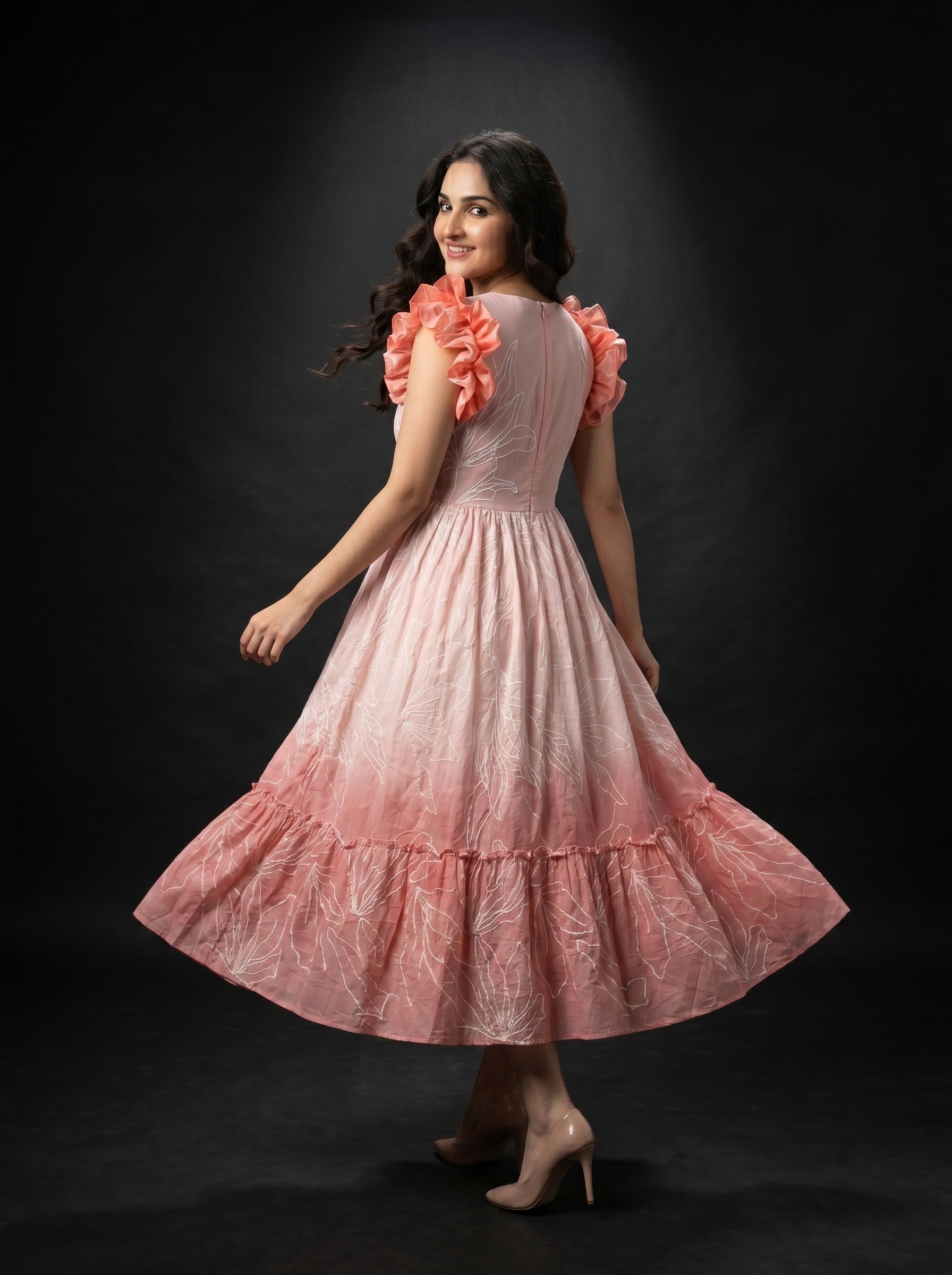 Tiered Midi Dress Rangini - Ombré light pink, peach pink