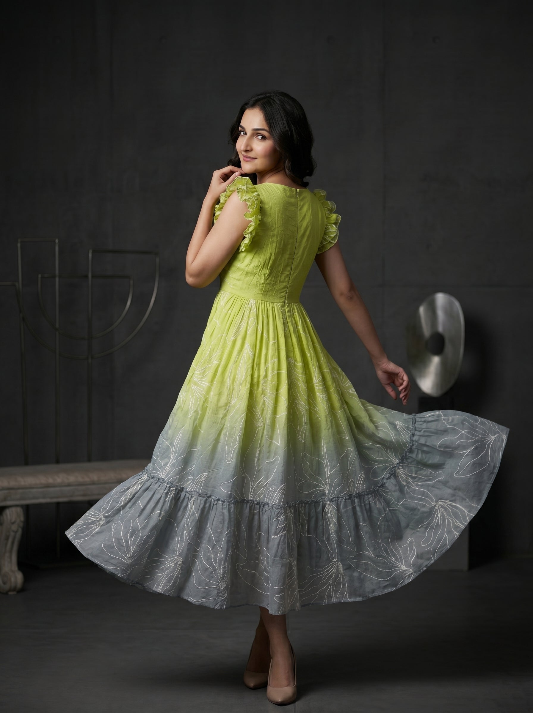 Tiered Midi Dress Rangini - Ombré green and ash