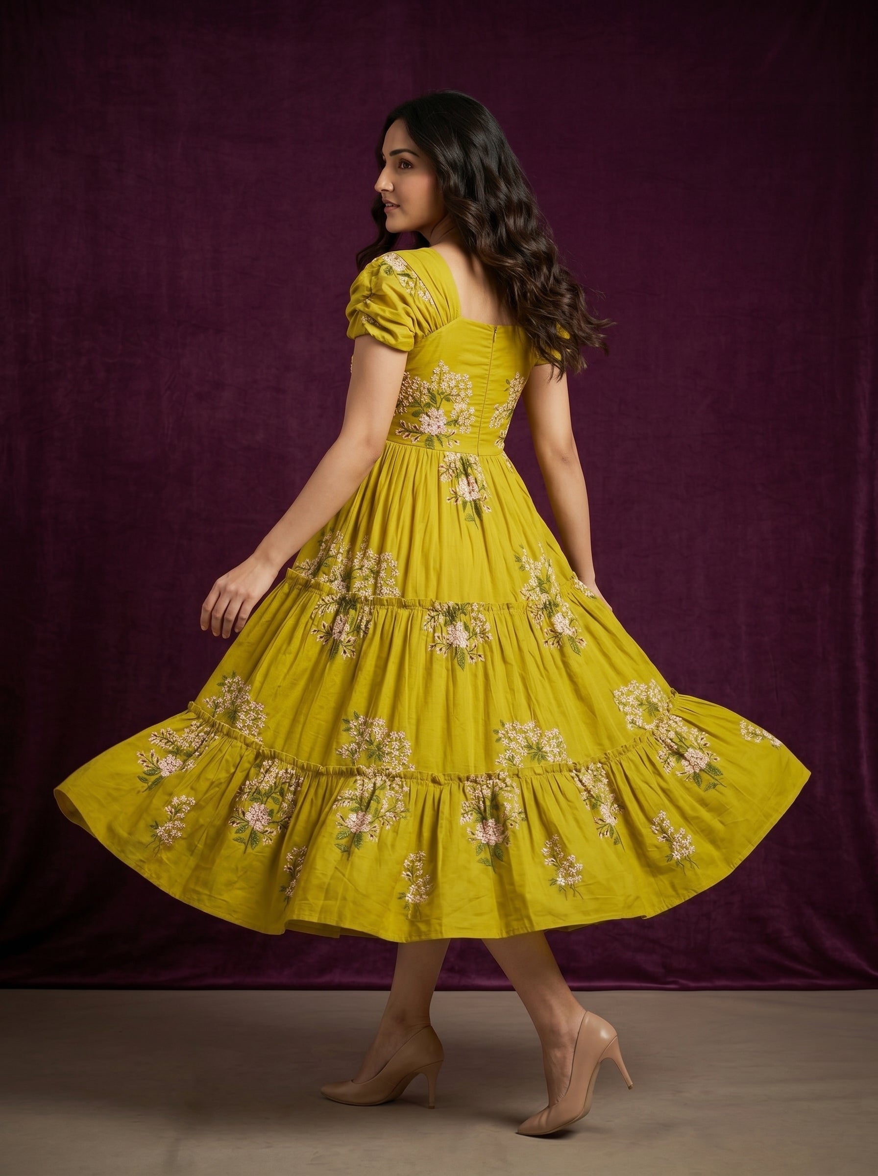 TIERED MIDI DRESS KAMALA - MUSTARD YELLOW