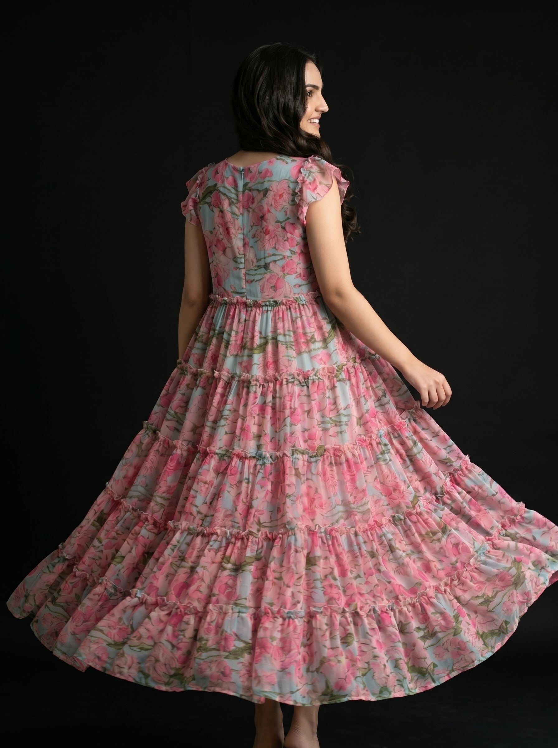Pastel Blue & Pink Petal Flared Tiered Dress