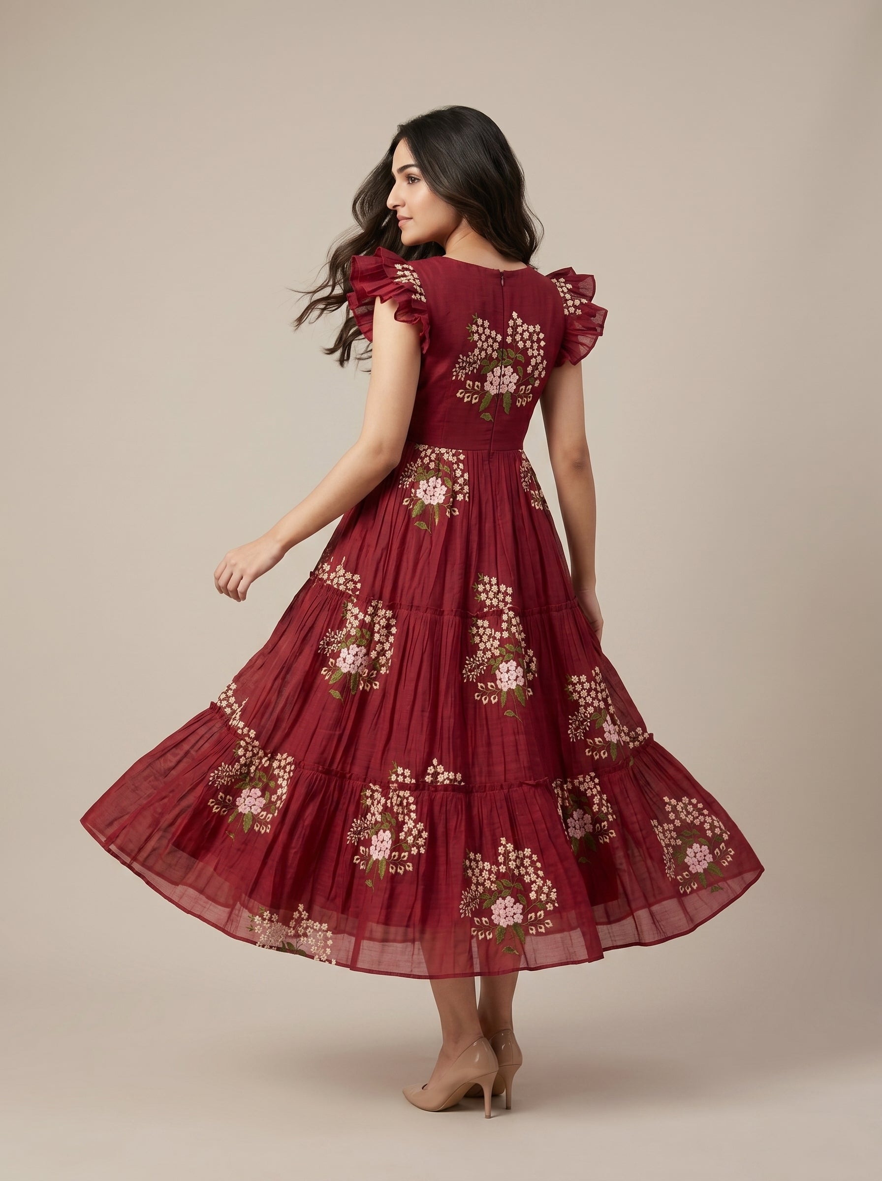 TIERED MIDI DRESS KAMALA - MAROON