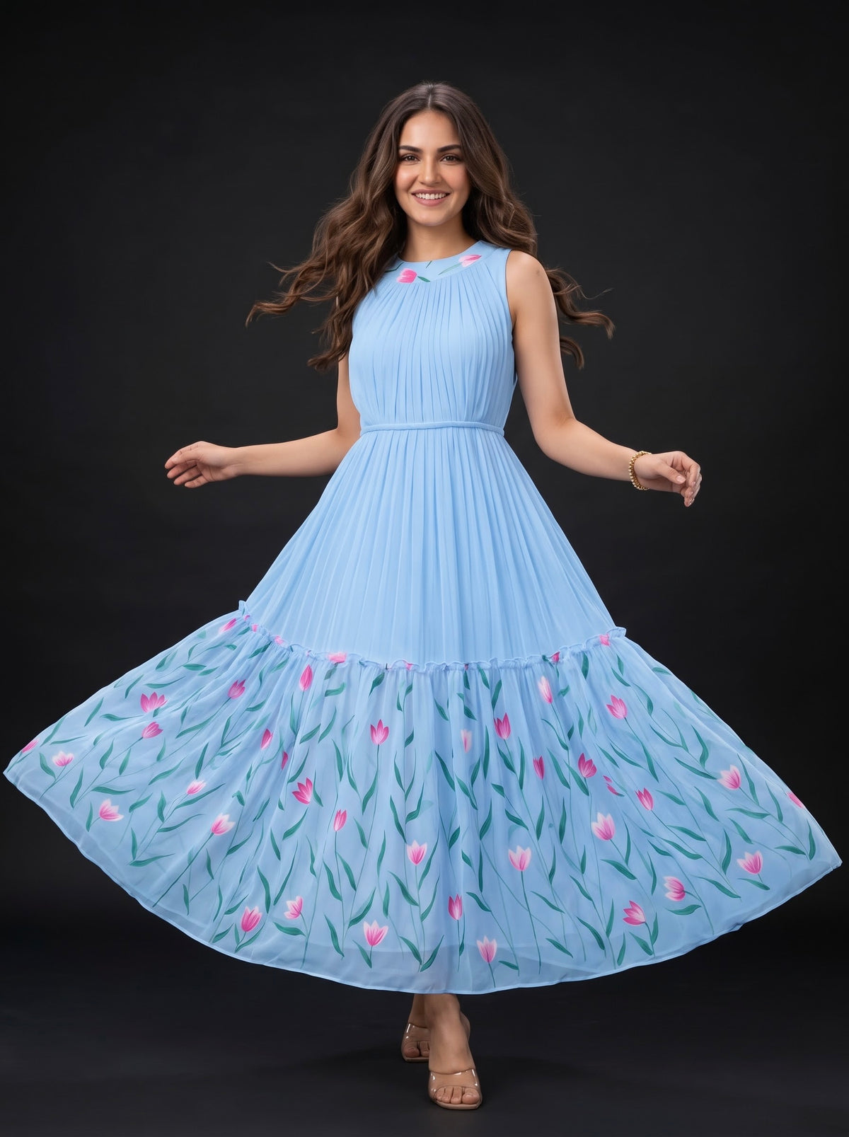 Pleat Floral Midi Dress Vasanta - Powder Blue