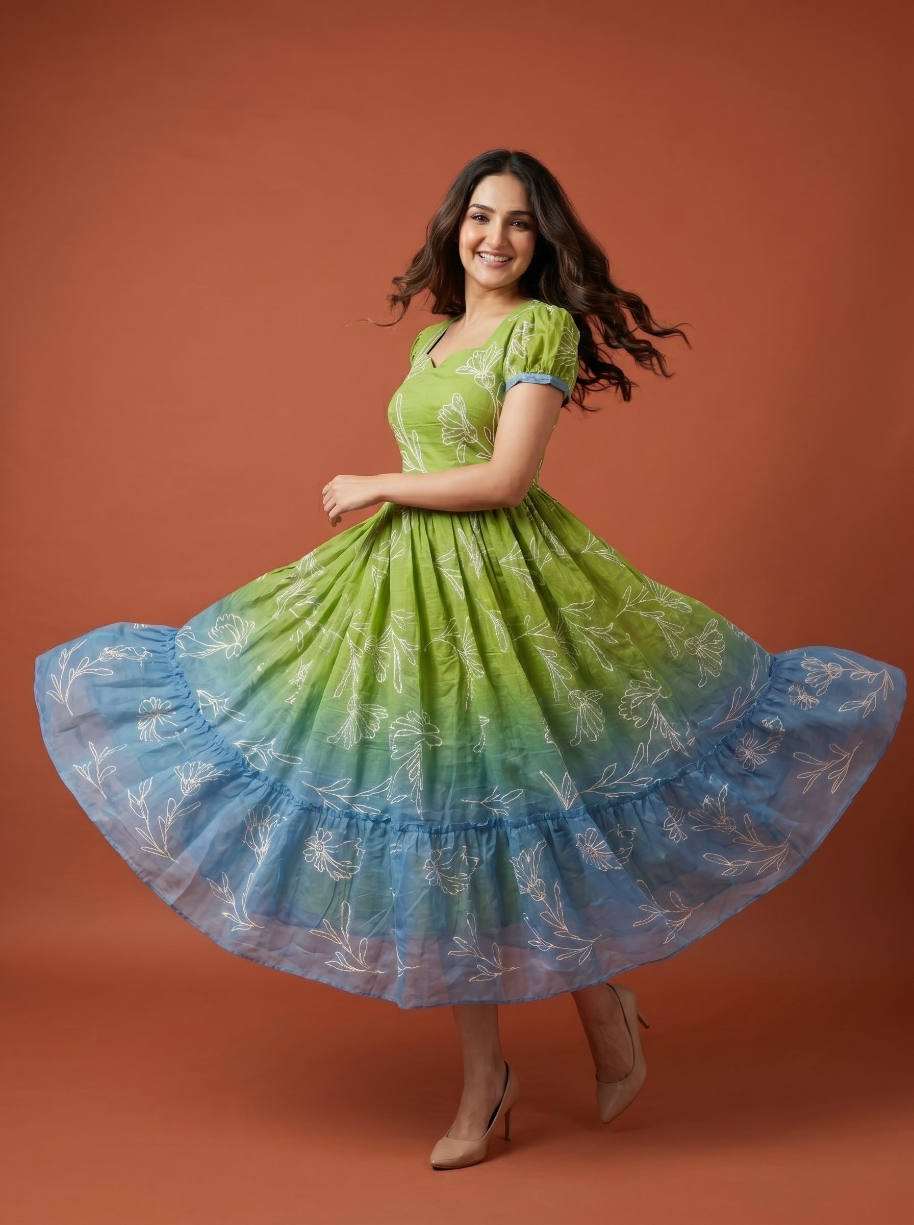 Tiered Midi Dress Rangini - Ombré Green and Blue