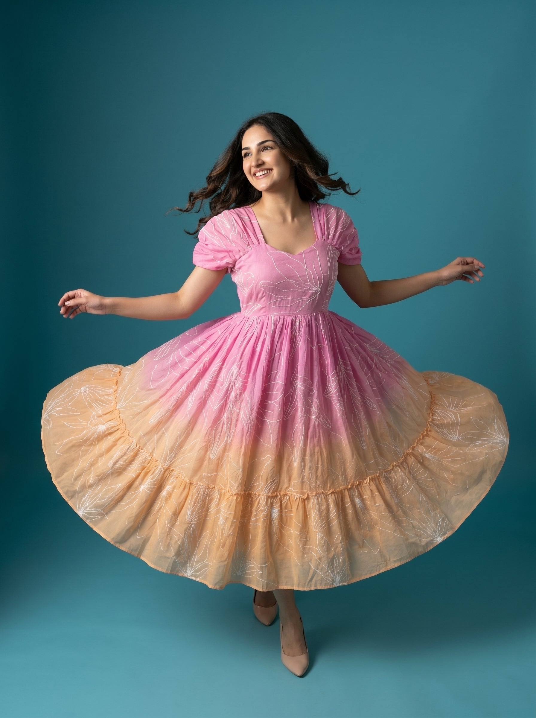 Tiered Midi Dress Rangini - Ombré Pink and Orange