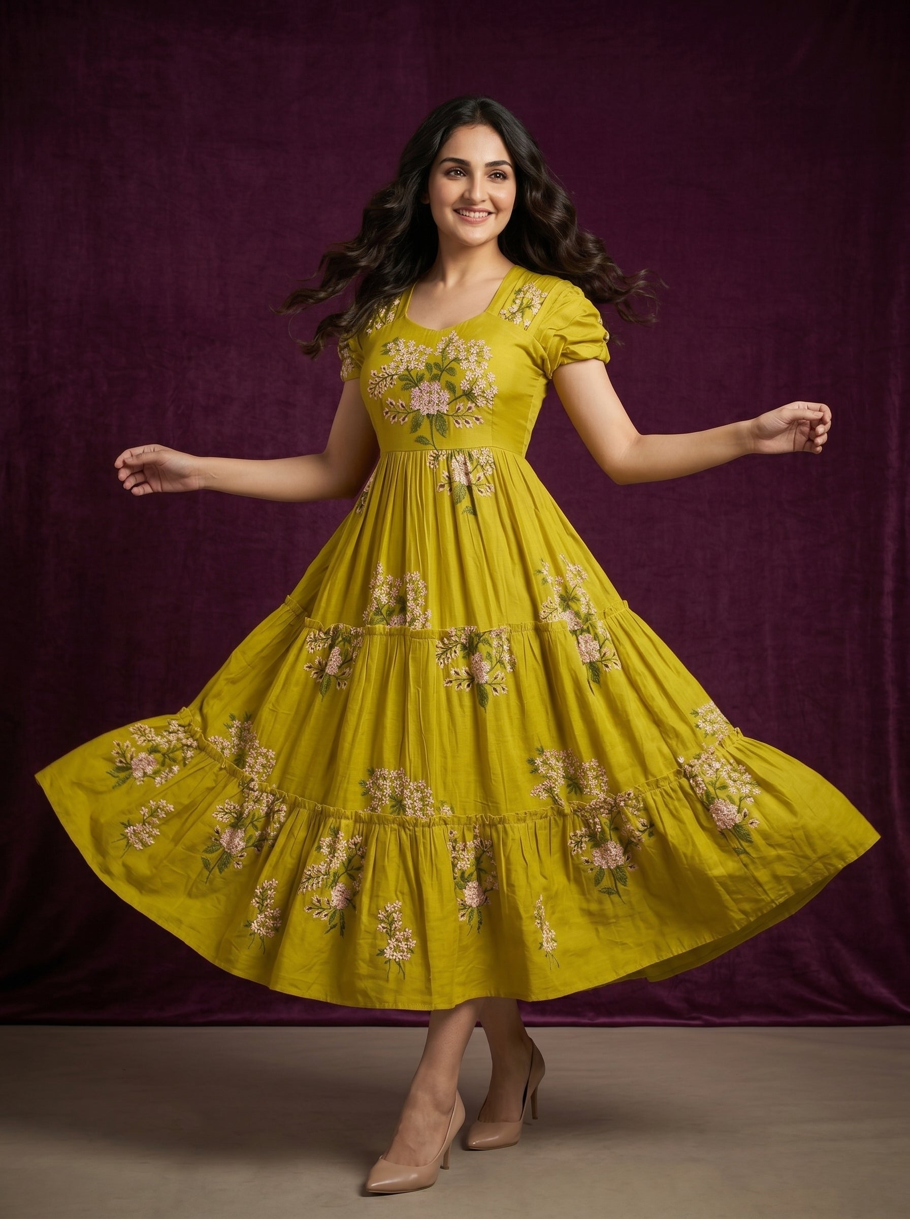 TIERED MIDI DRESS KAMALA - MUSTARD YELLOW