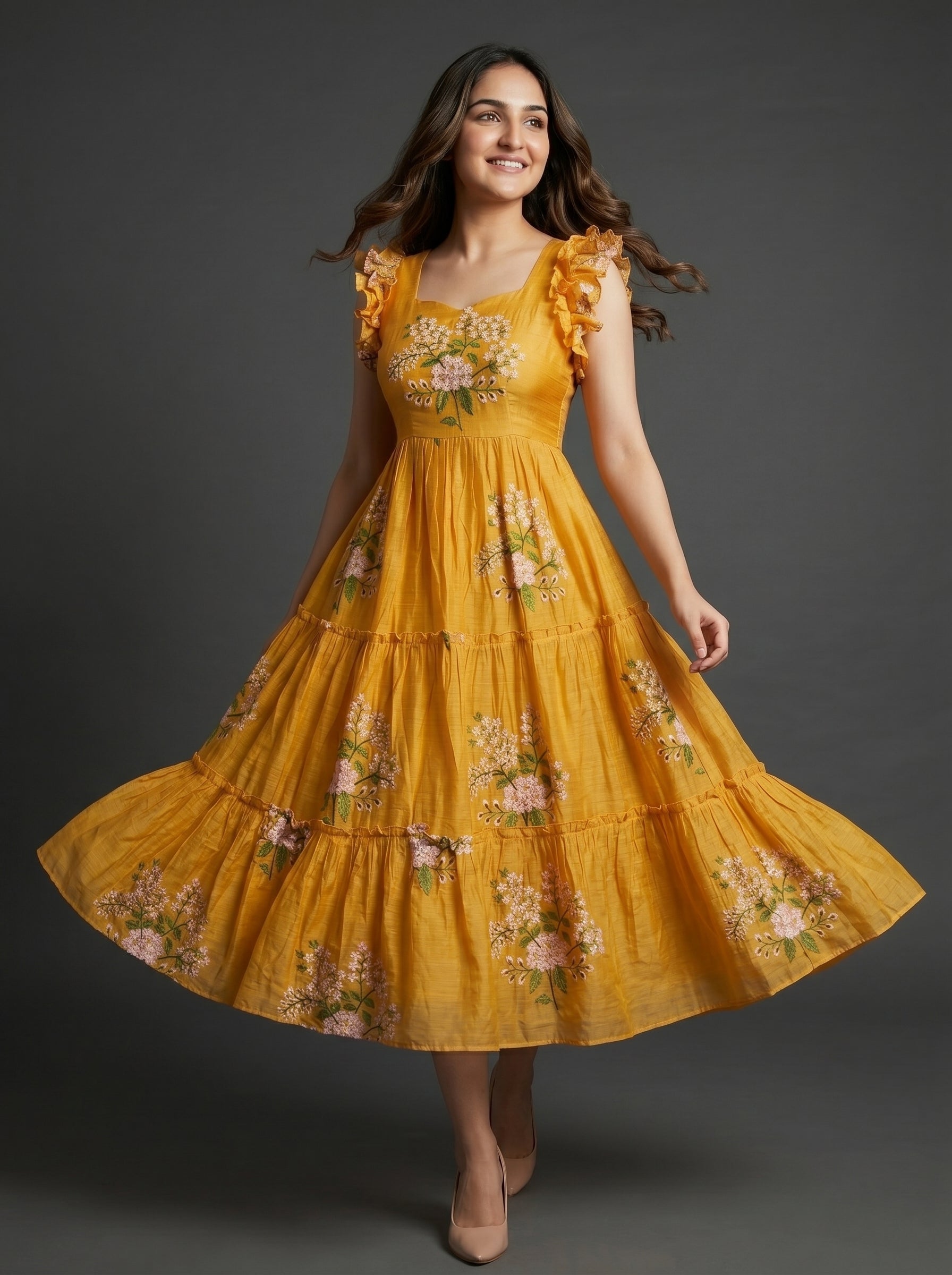TIERED MIDI DRESS KAMALA - GOLD YELLOW