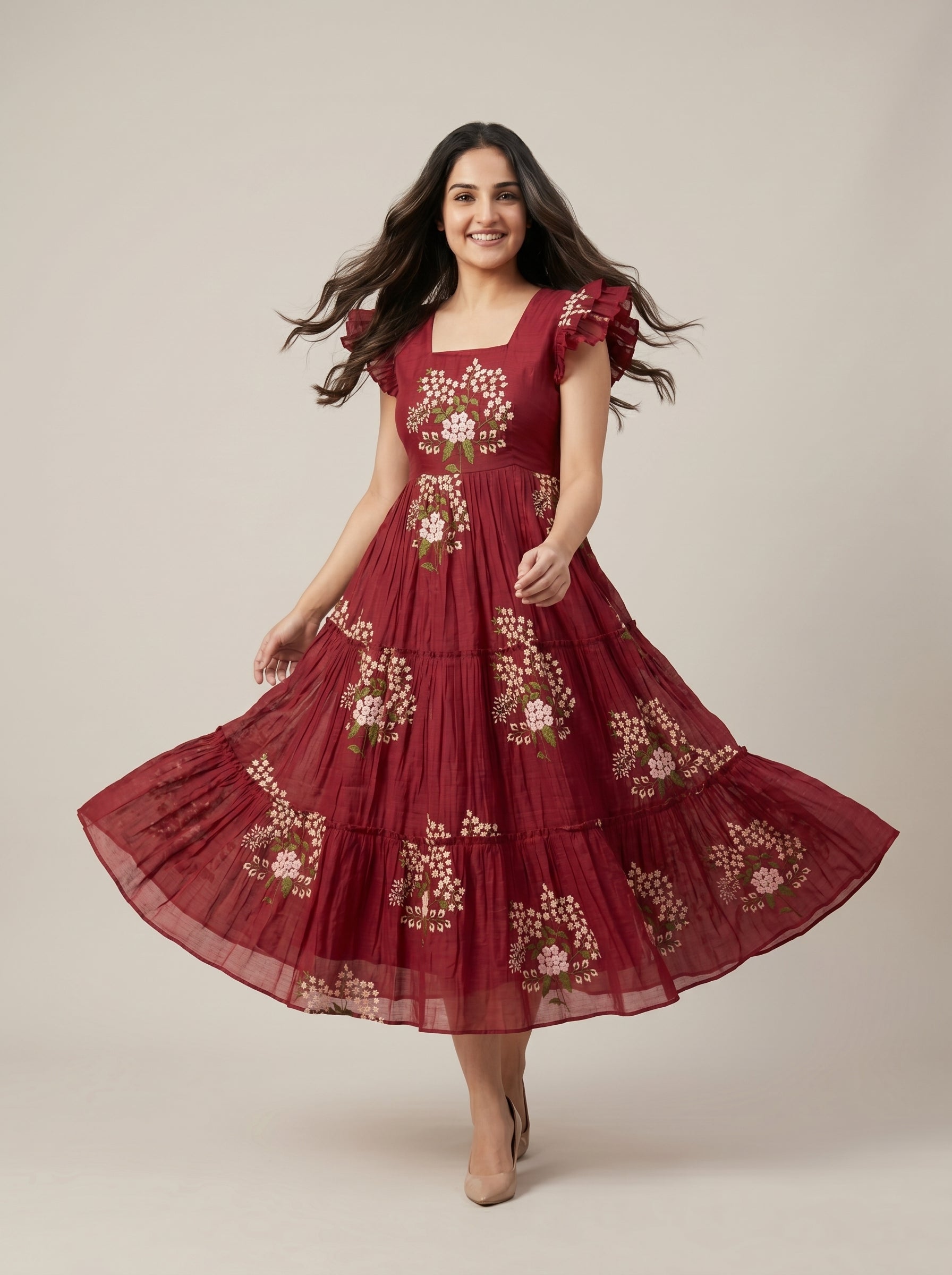 TIERED MIDI DRESS KAMALA - MAROON