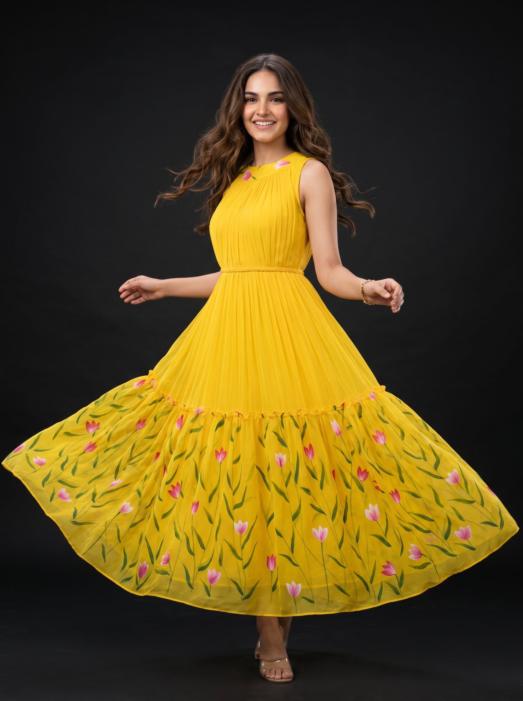 Pleat Floral Midi Dress Vasanta - Yellow
