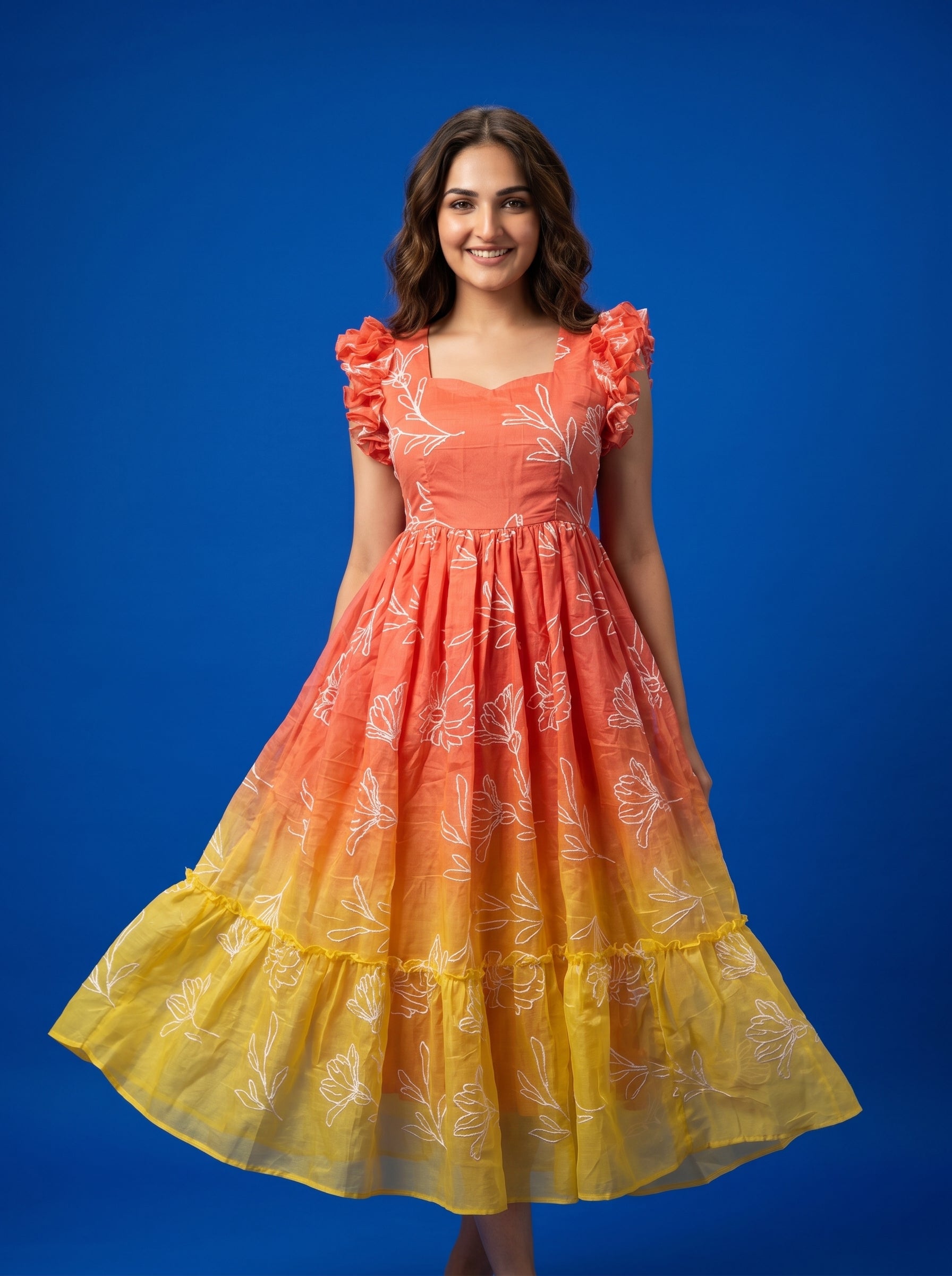 Tiered Midi Dress Rangini - Ombré Yellow and Red