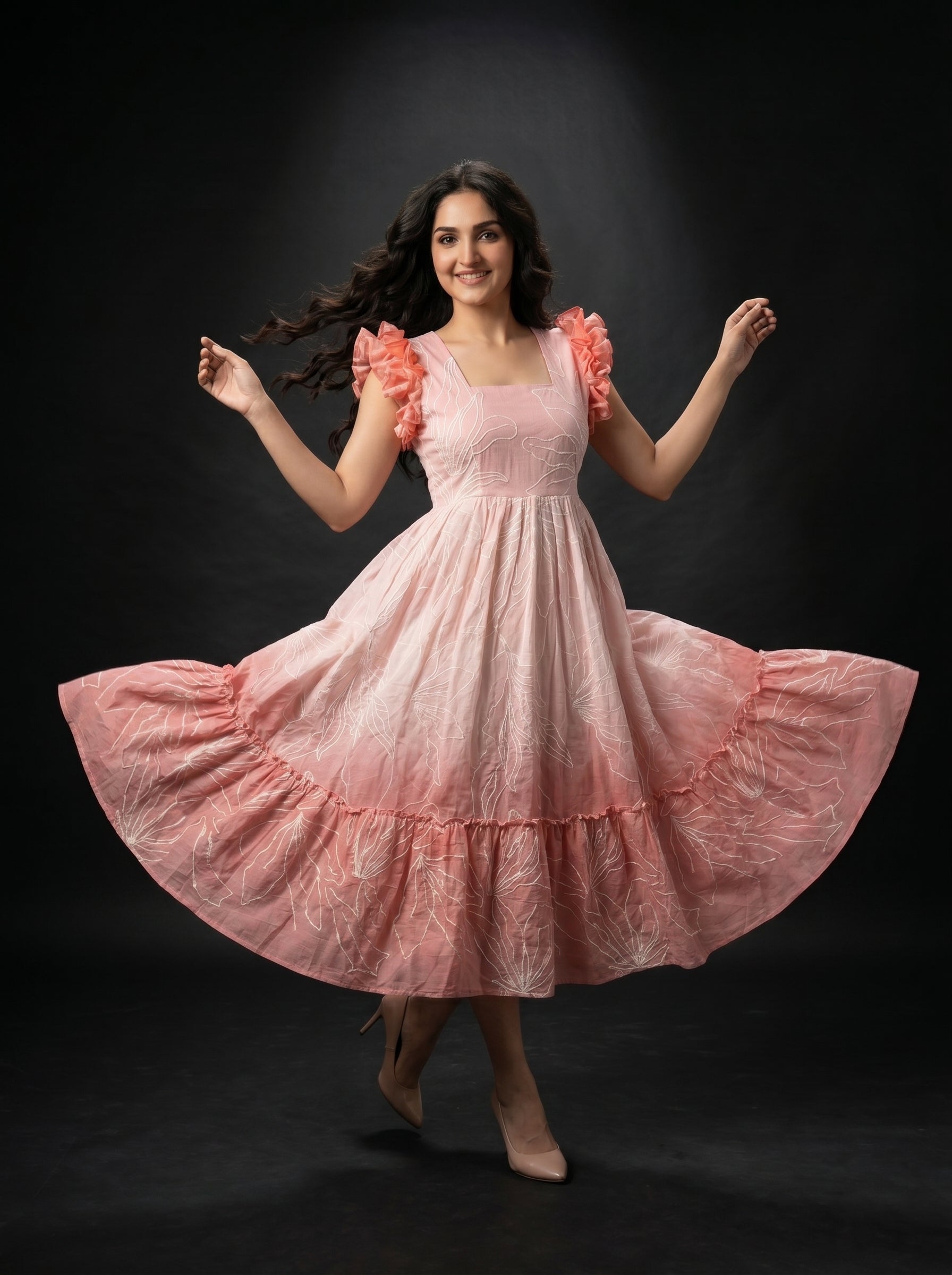 Tiered Midi Dress Rangini - Ombré light pink, peach pink