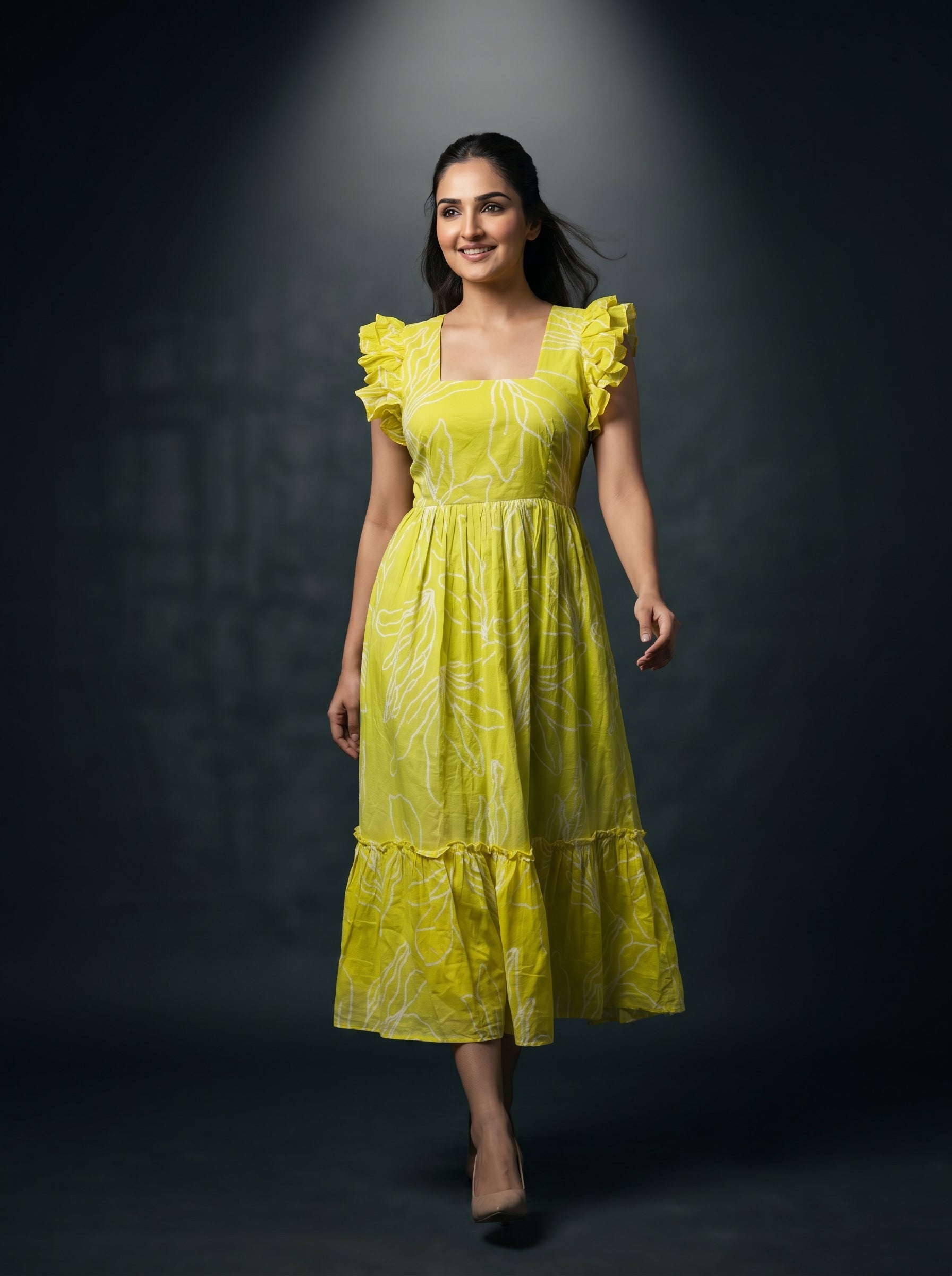 Tiered Midi Dress Rangini - Ombré Green and Yellow