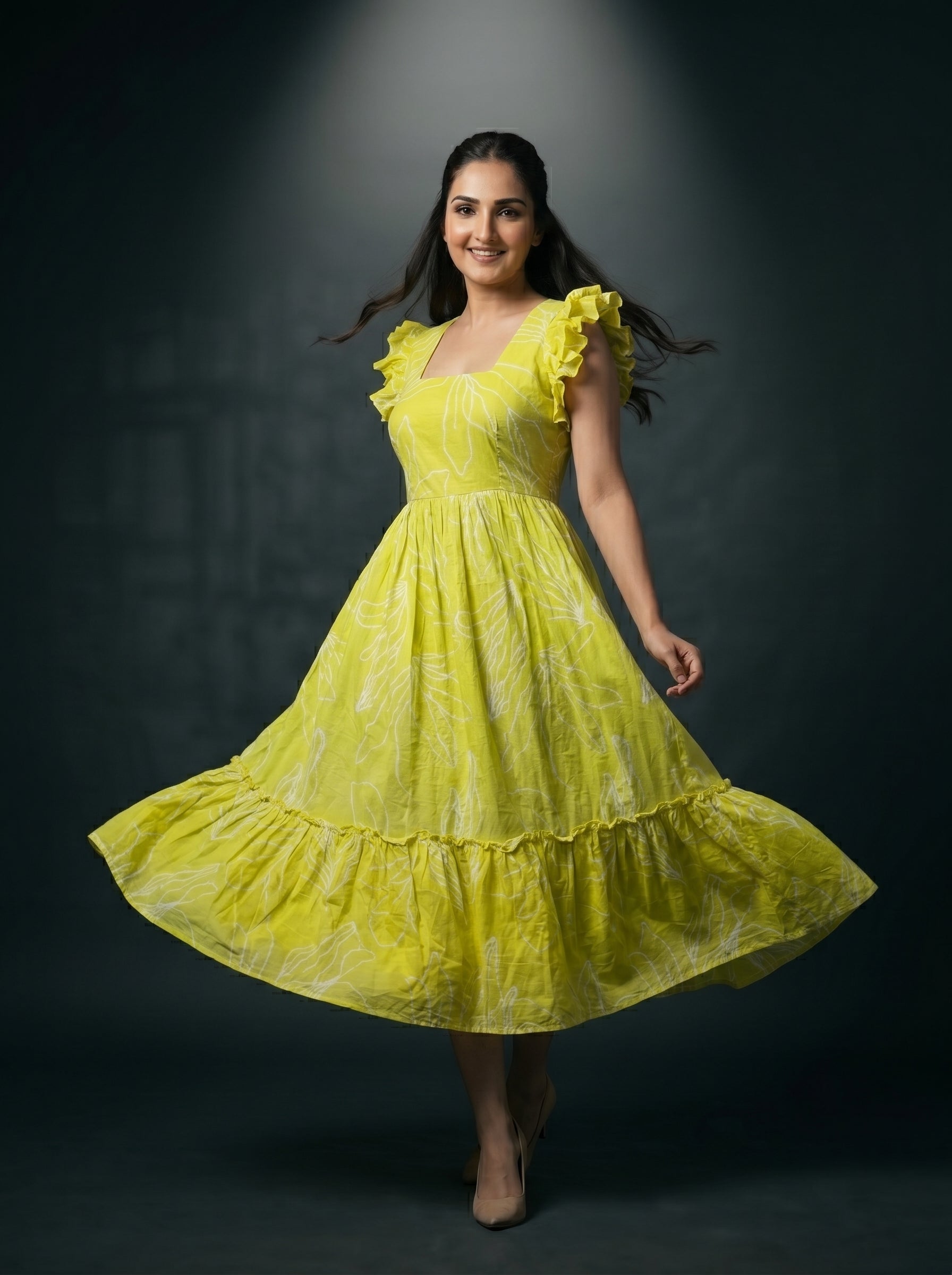 Tiered Midi Dress Rangini - Ombré Green and Yellow