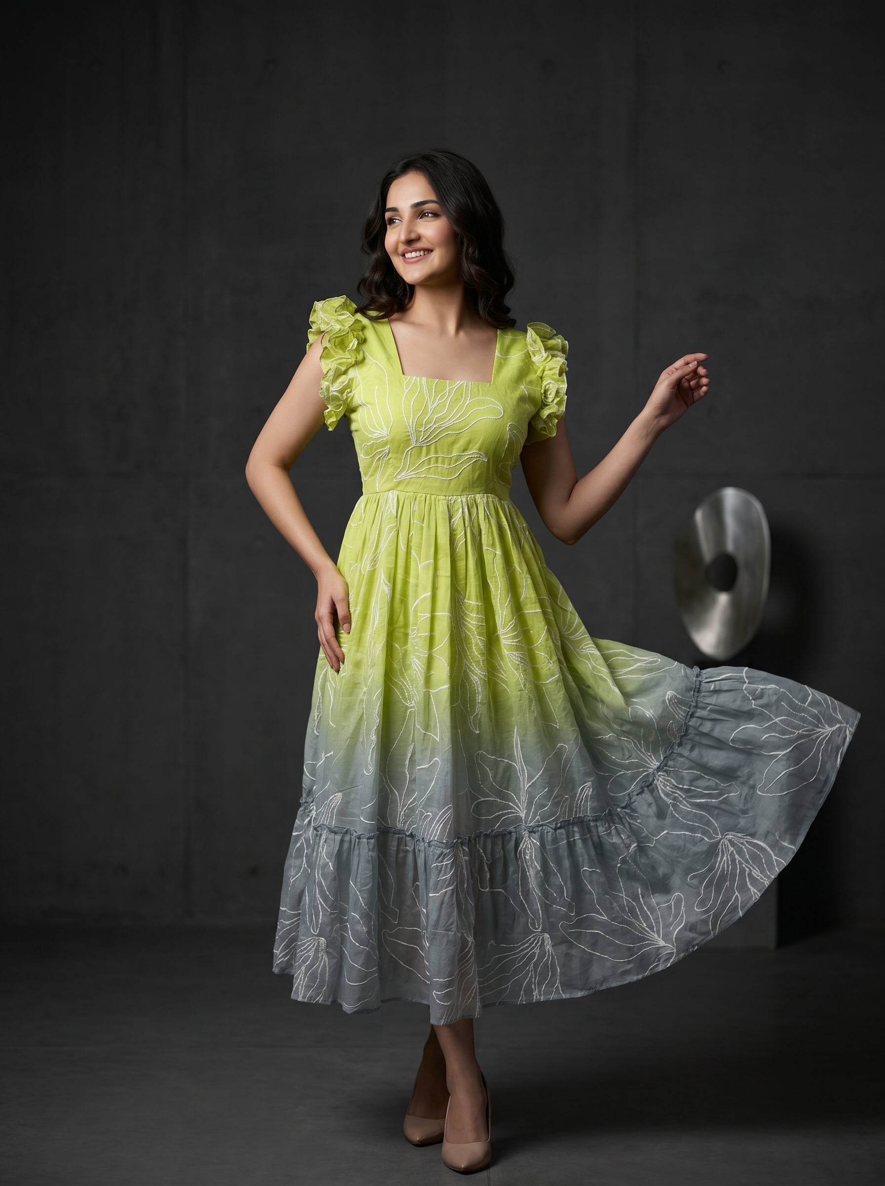 Tiered Midi Dress Rangini - Ombré green and ash