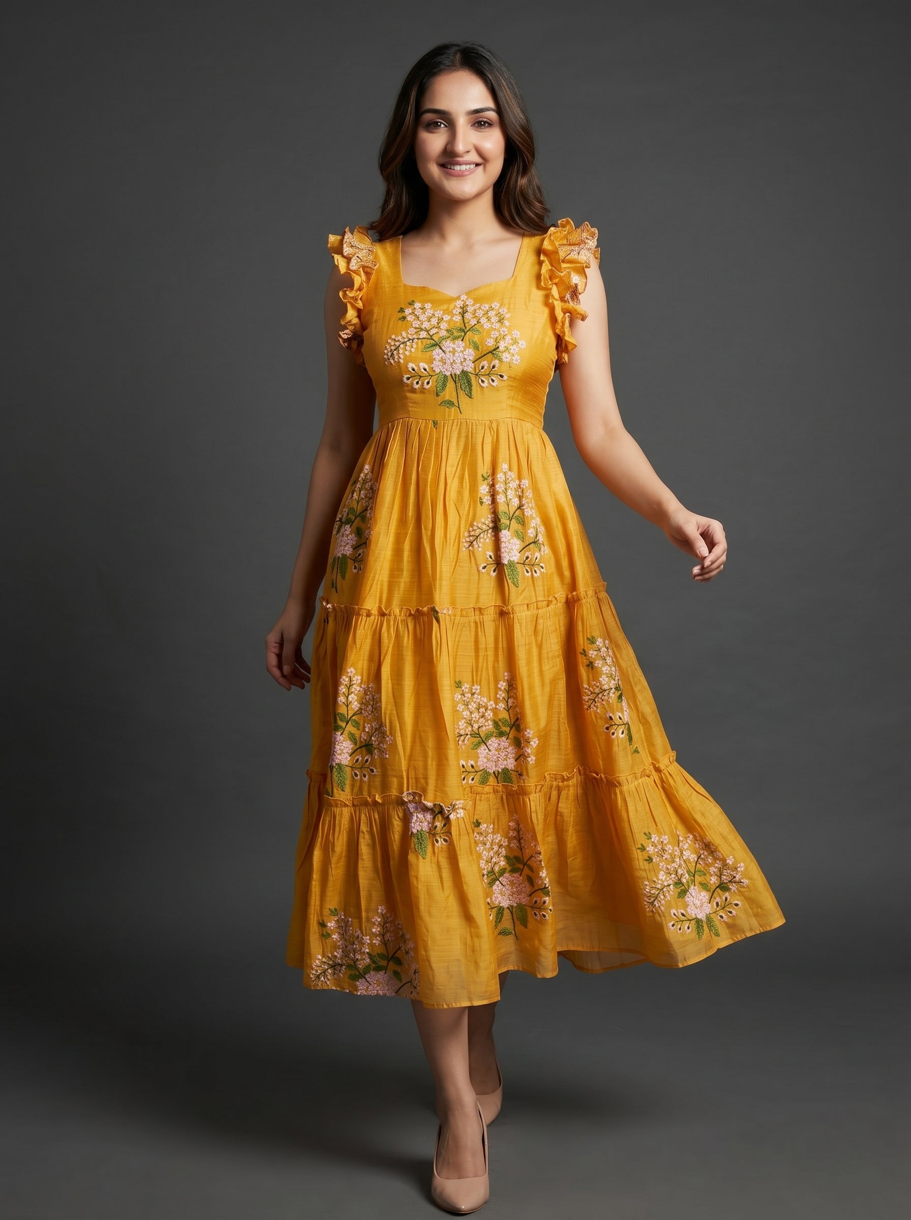 TIERED MIDI DRESS KAMALA - GOLD YELLOW