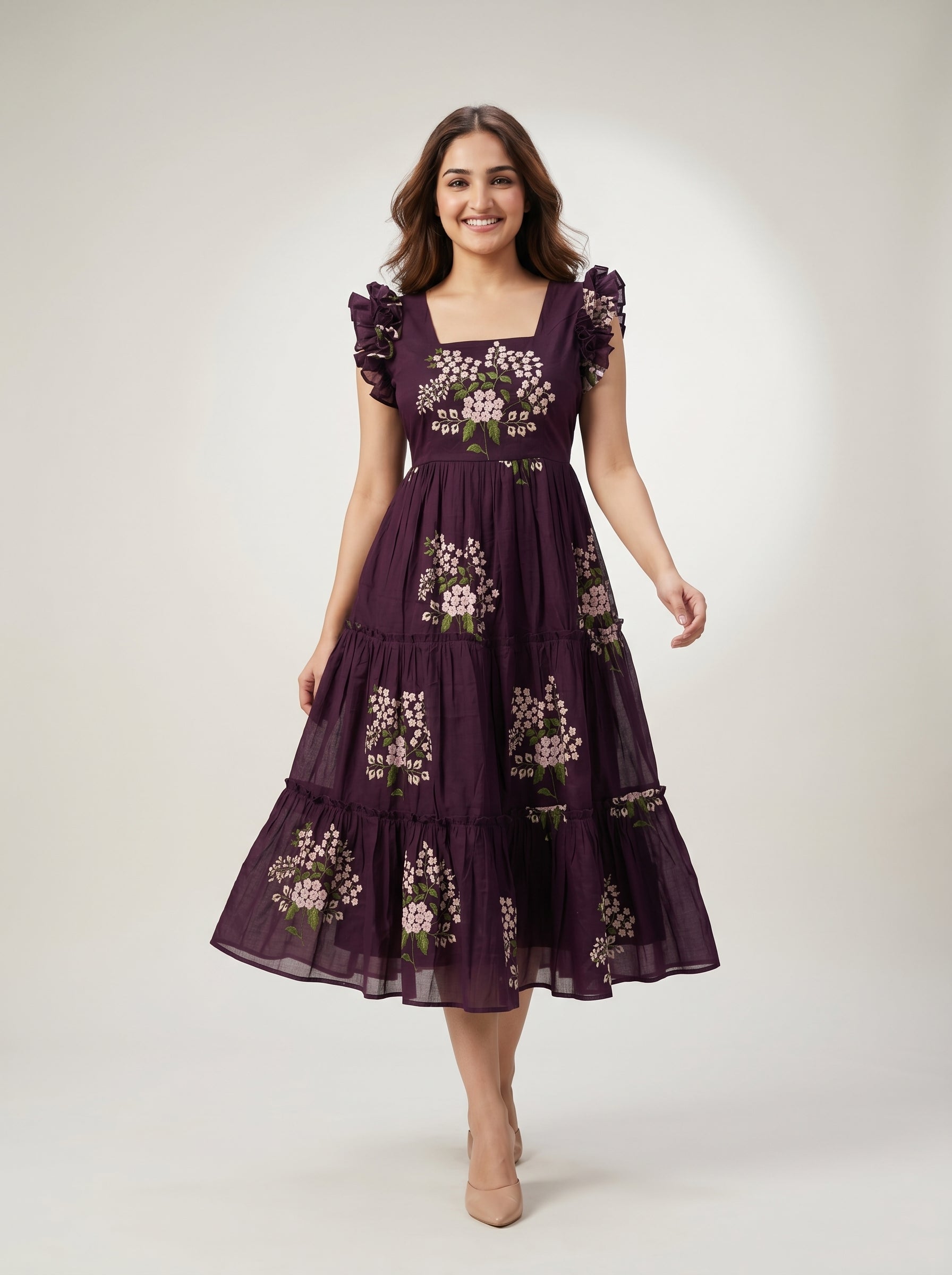 TIERED MIDI DRESS KAMALA - DEEP PLUM