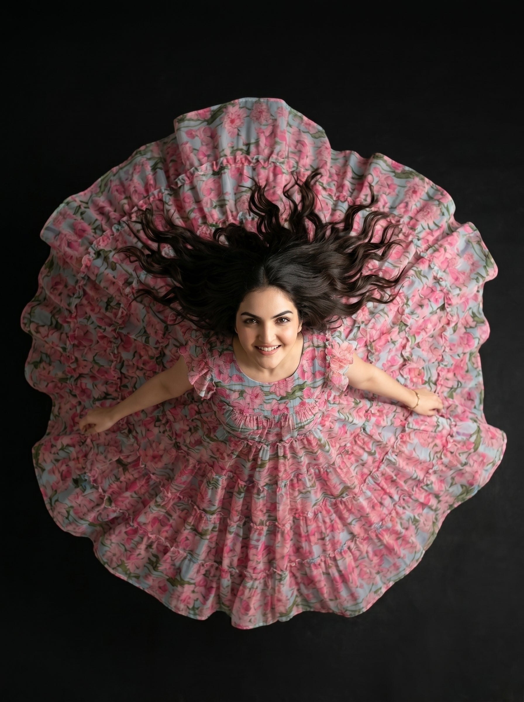 Pastel Blue & Pink Petal Flared Tiered Dress