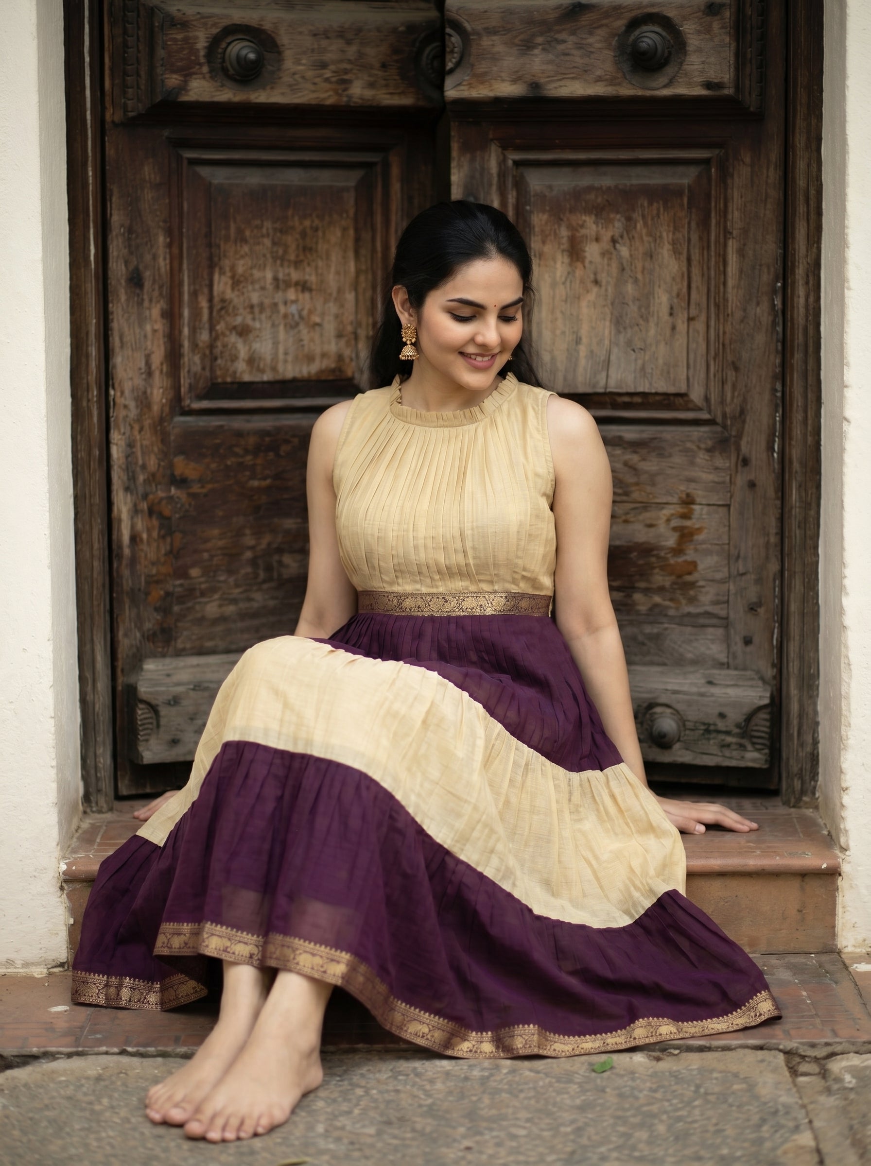 Pleated Zari Tier Dress Gauri - Champagne Plum