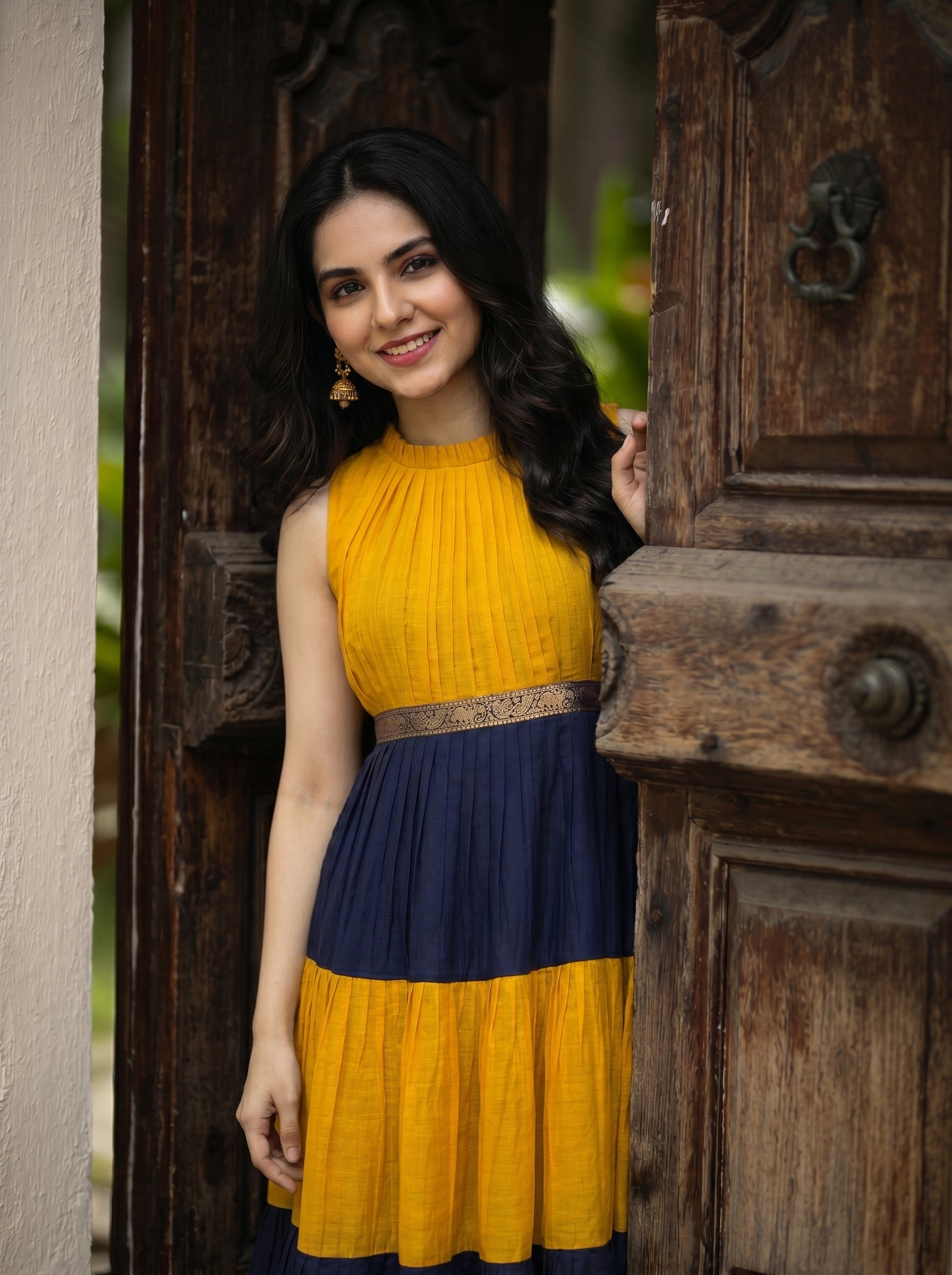 Pleated Zari Tier Dress Gauri - Saffron Navy