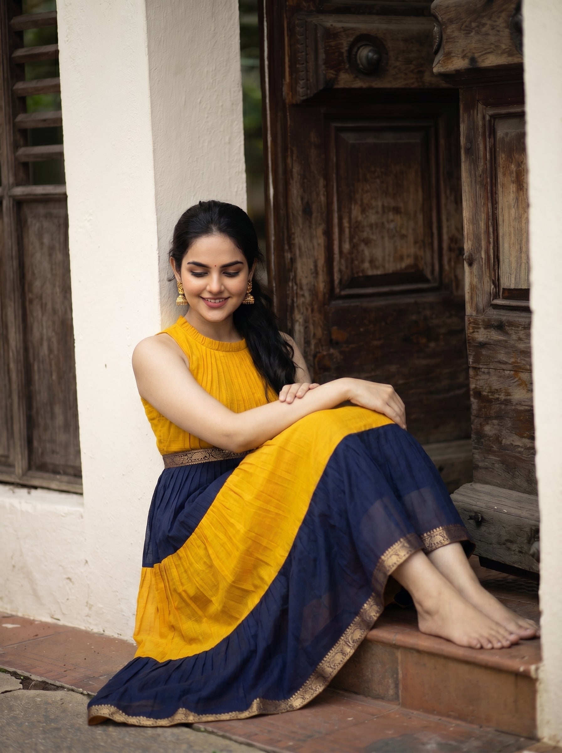 Pleated Zari Tier Dress Gauri - Saffron Navy