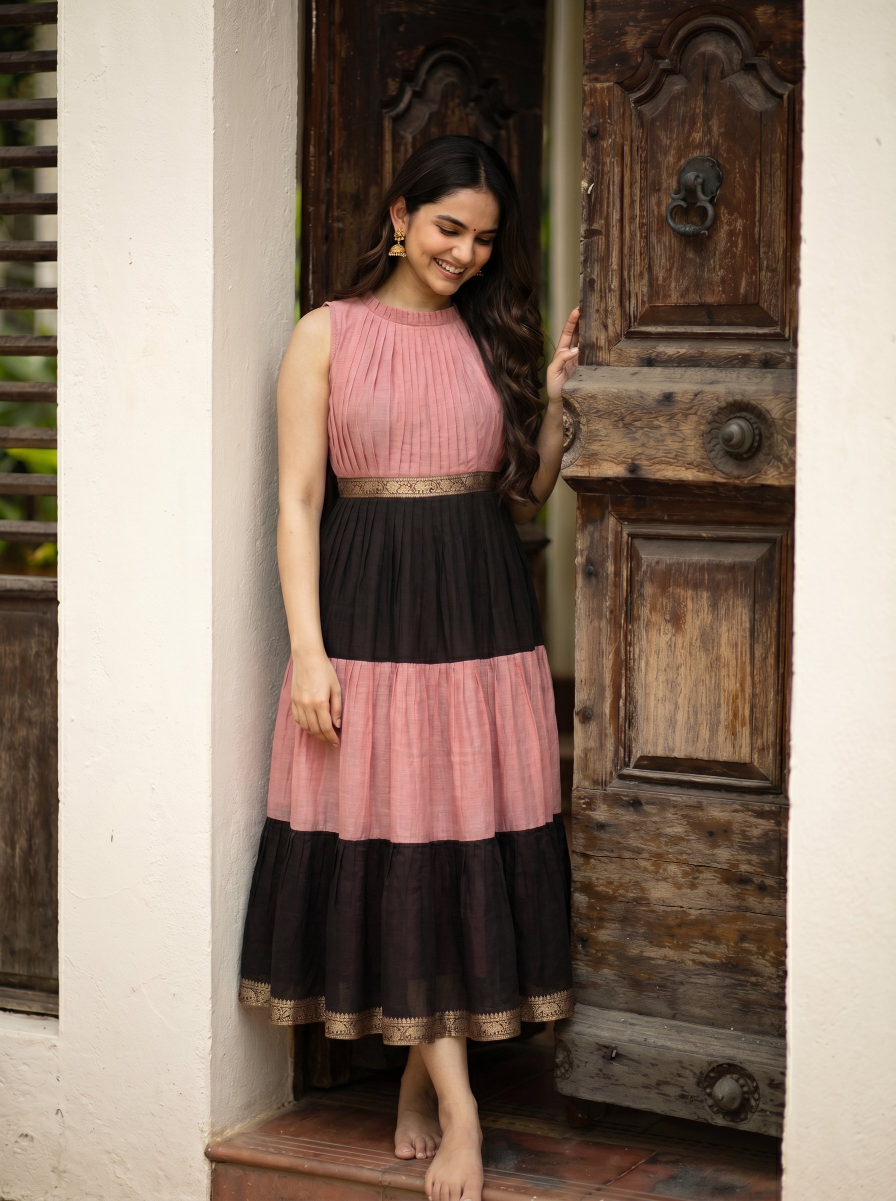 Pleated Zari Tier Dress Gauri - Blush Noir
