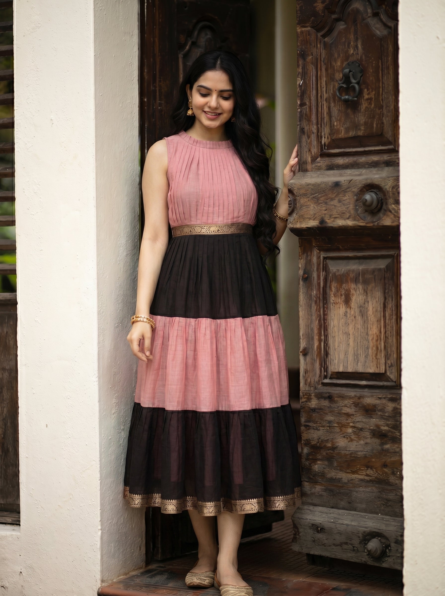 Pleated Zari Tier Dress Gauri - Blush Noir