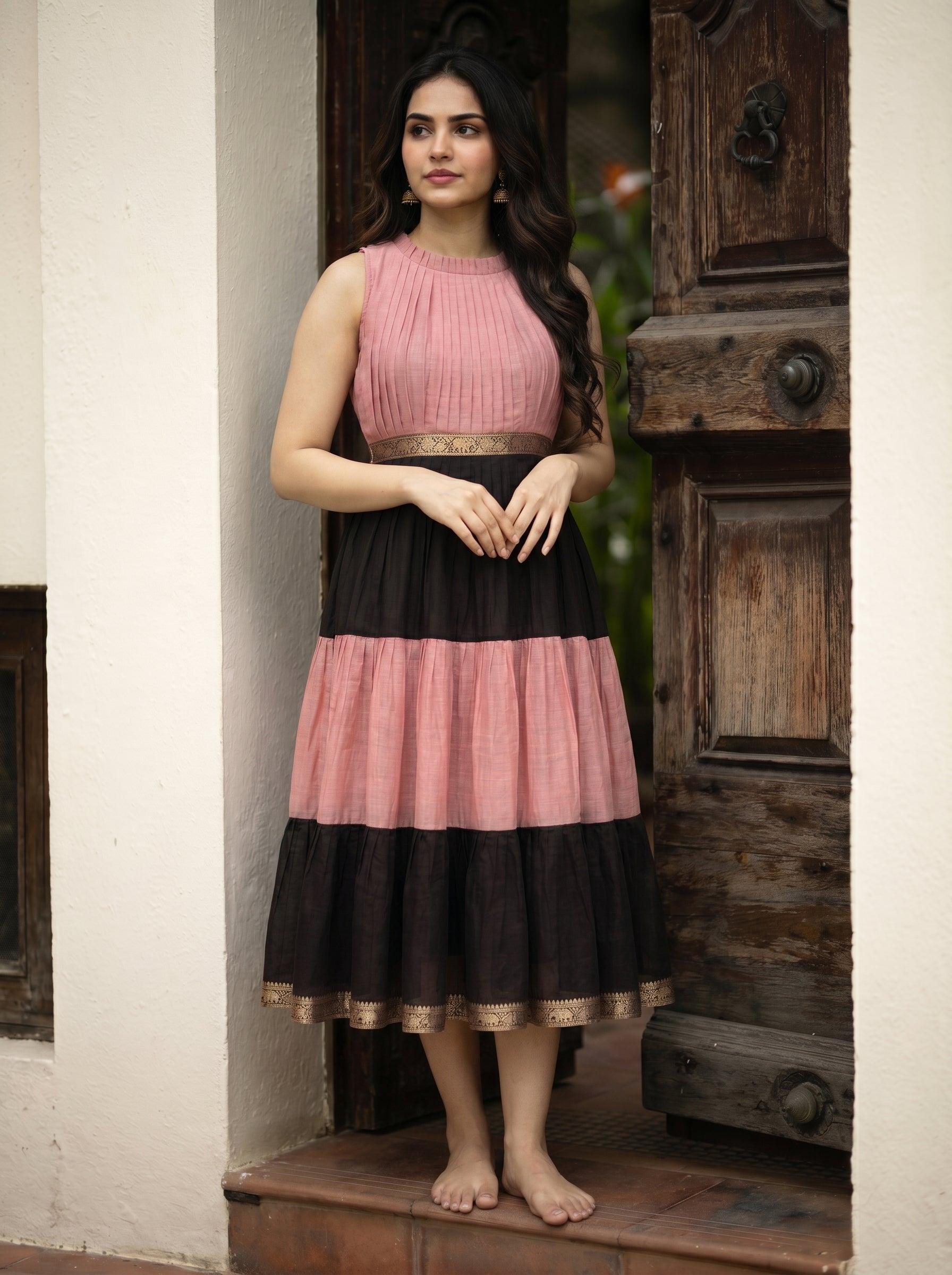 Pleated Zari Tier Dress Gauri - Blush Noir