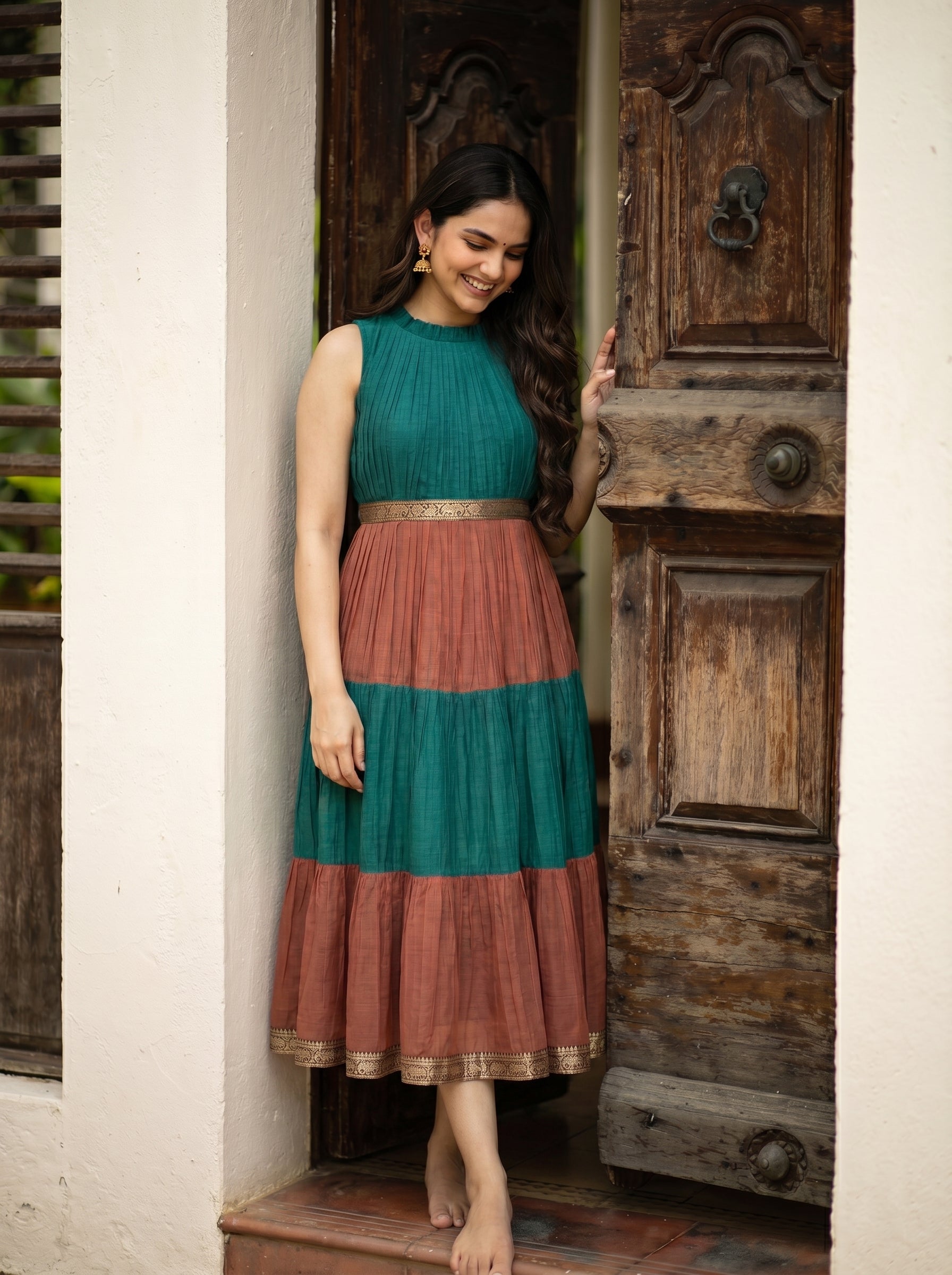Pleated Zari Tier Dress Gauri - Teal Rose
