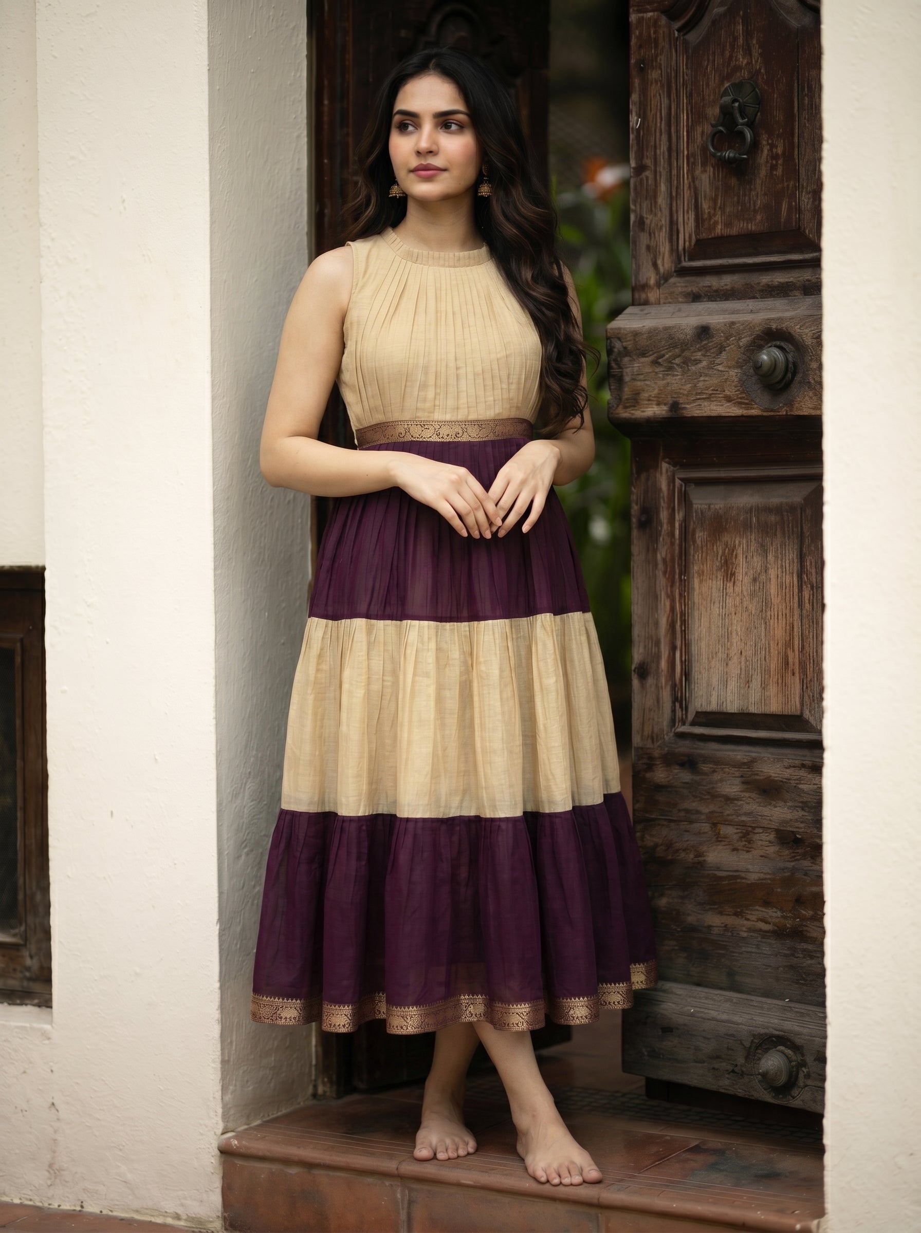 Pleated Zari Tier Dress Gauri - Champagne Plum