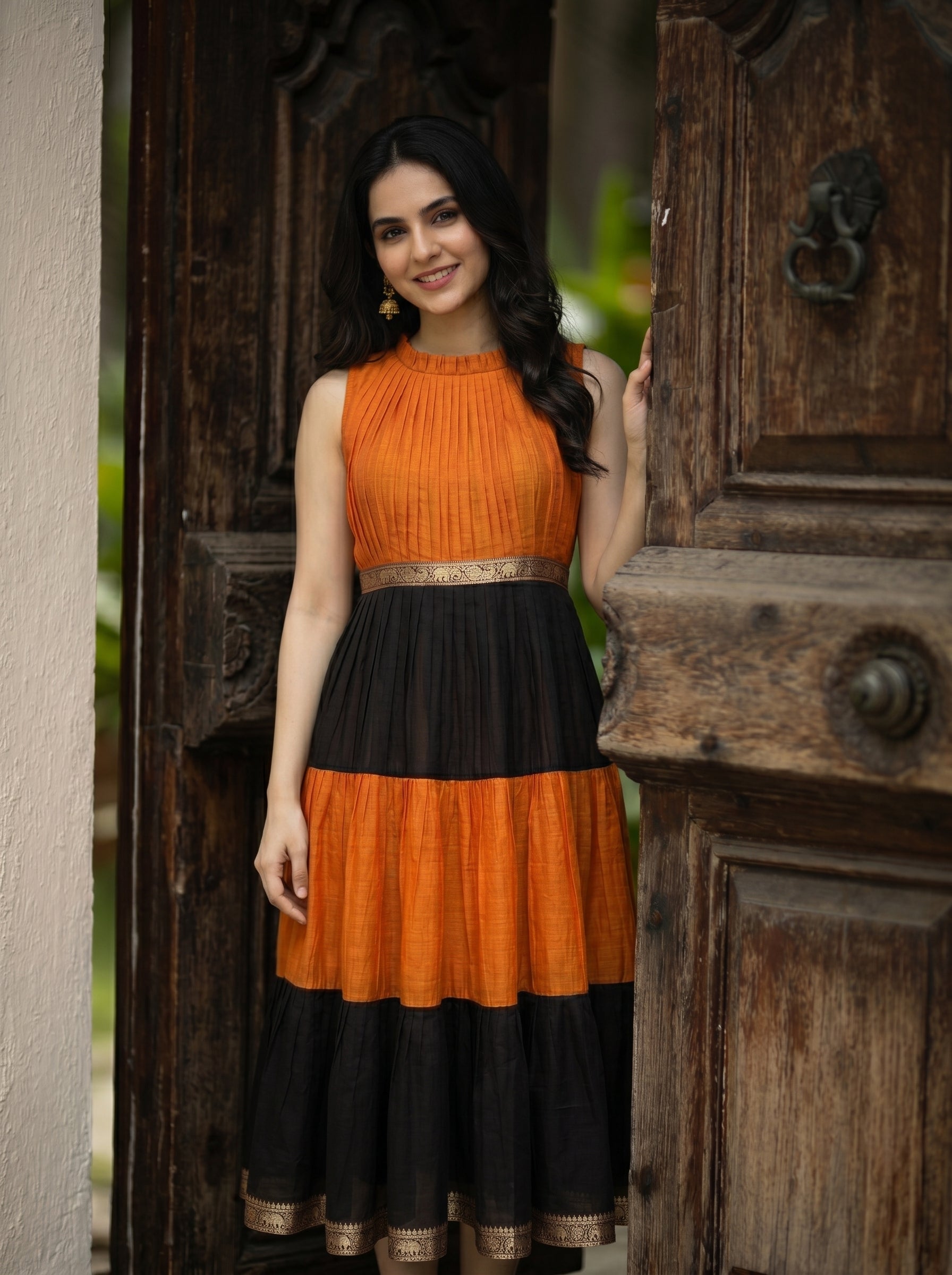 Pleated Zari Tier Dress Gauri - Amber Noir