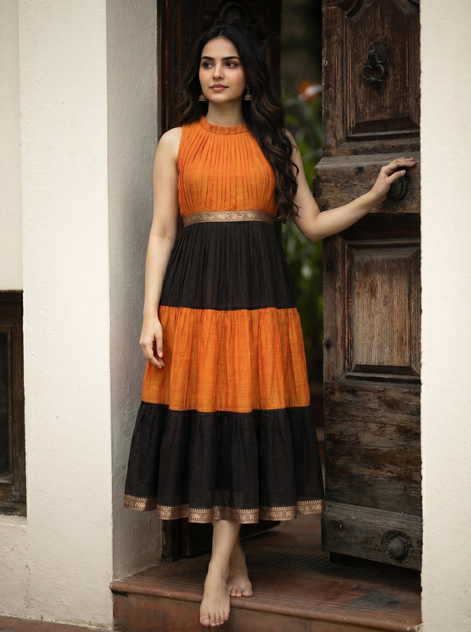 Pleated Zari Tier Dress Gauri - Amber Noir