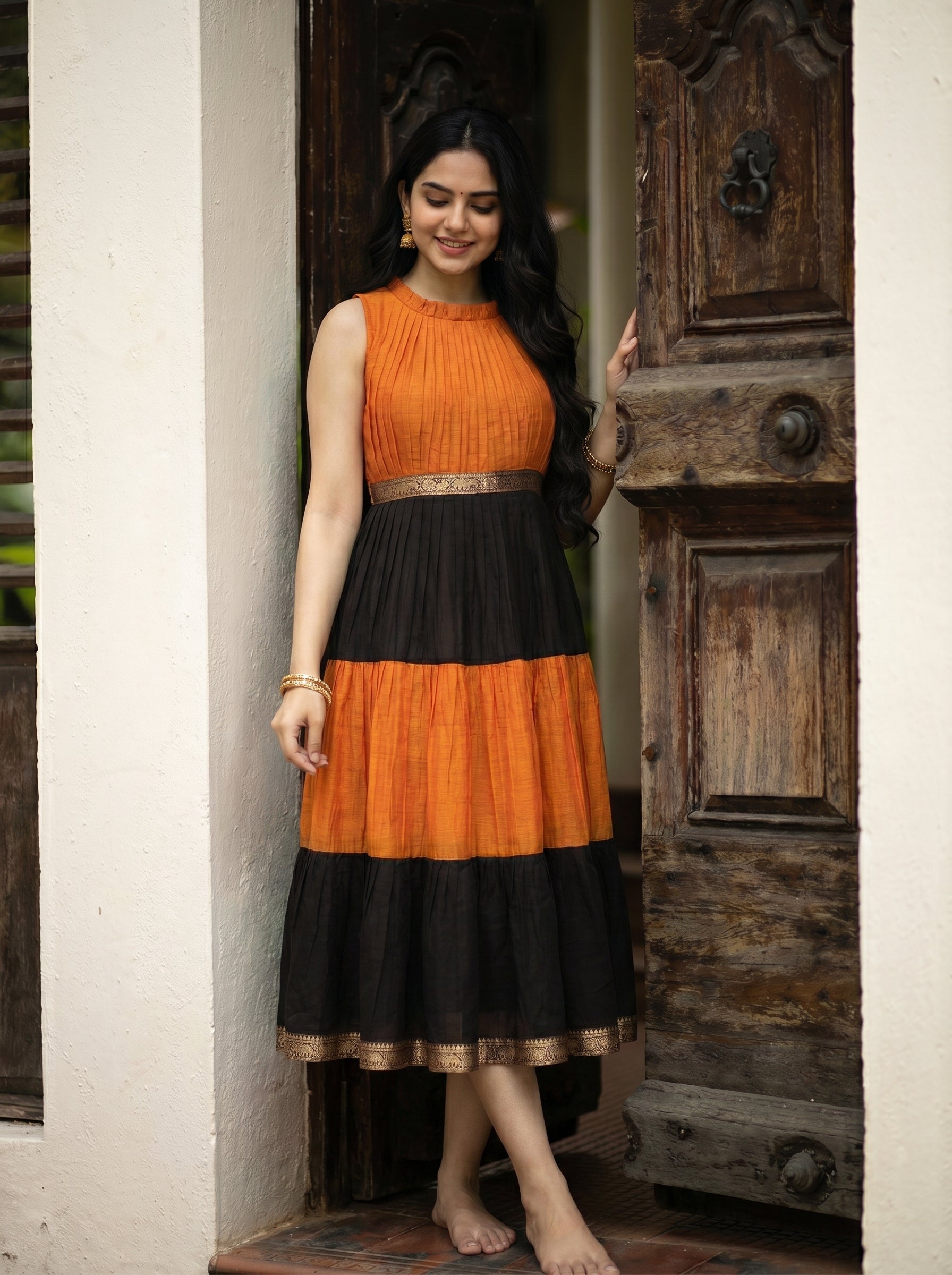 Pleated Zari Tier Dress Gauri - Amber Noir