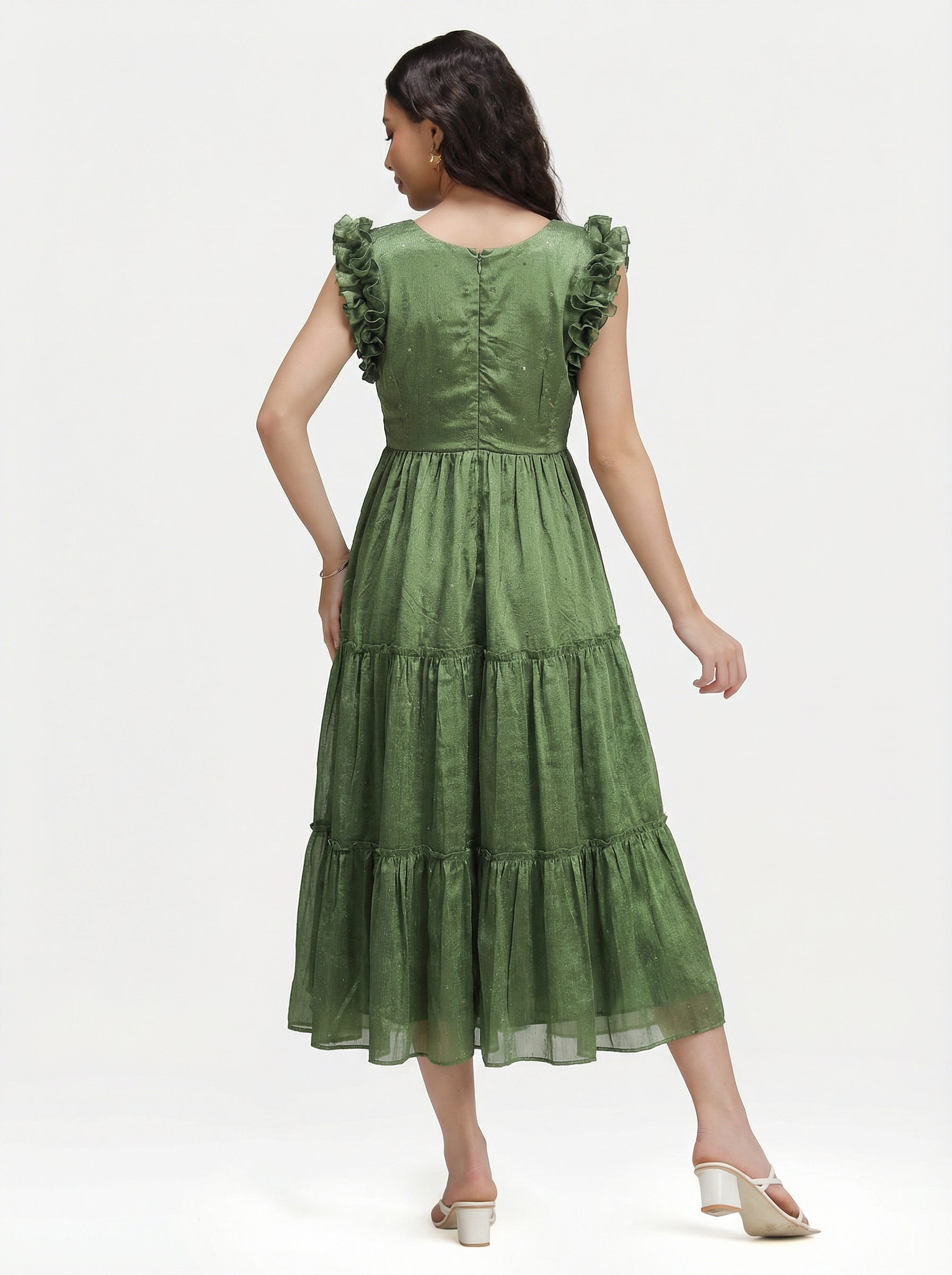 SEQUIN DETAILED TIERED MIDI DRESS ZIVA - OLIVE GREEN