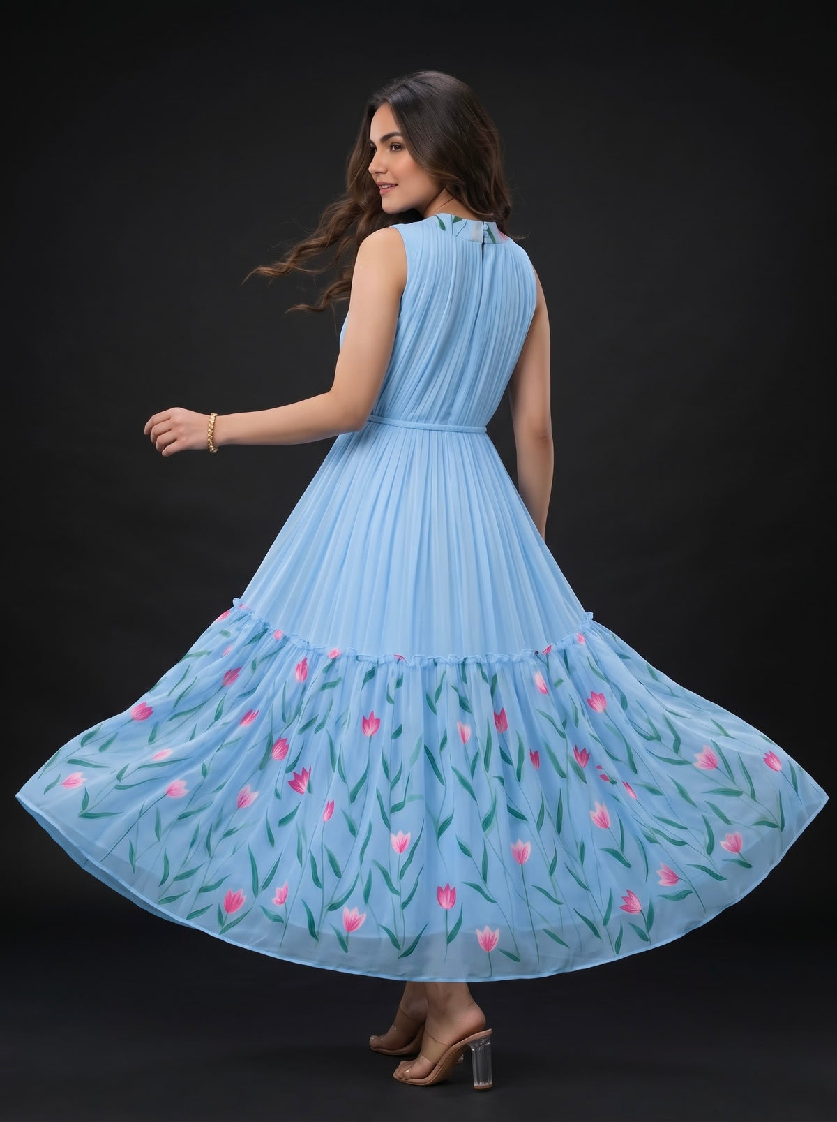 Pleat Floral Midi Dress Vasanta - Powder Blue