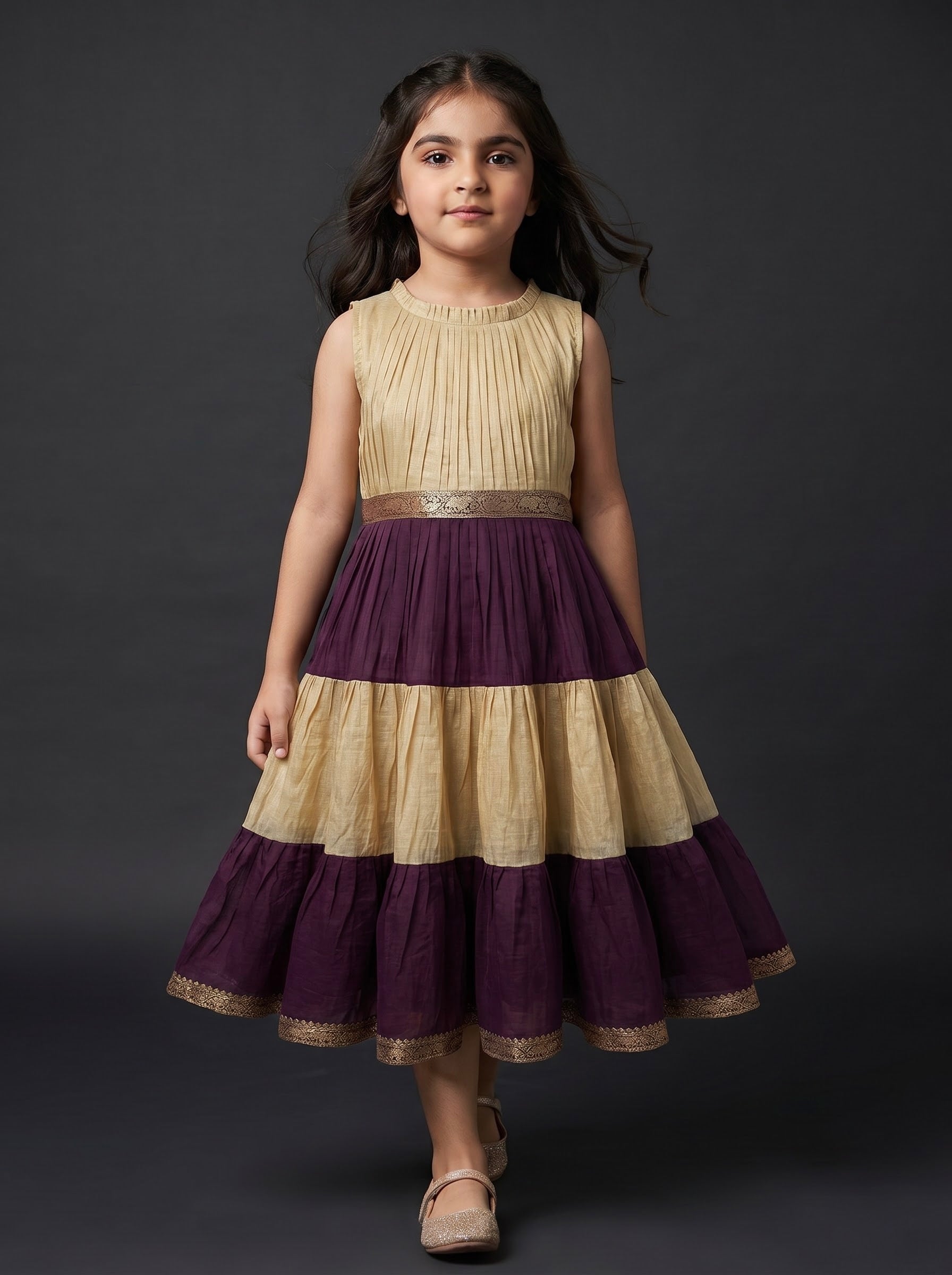 PLEATED ZARI TIER DRESS MINI GAURI - CHAMPAGNE PLUM