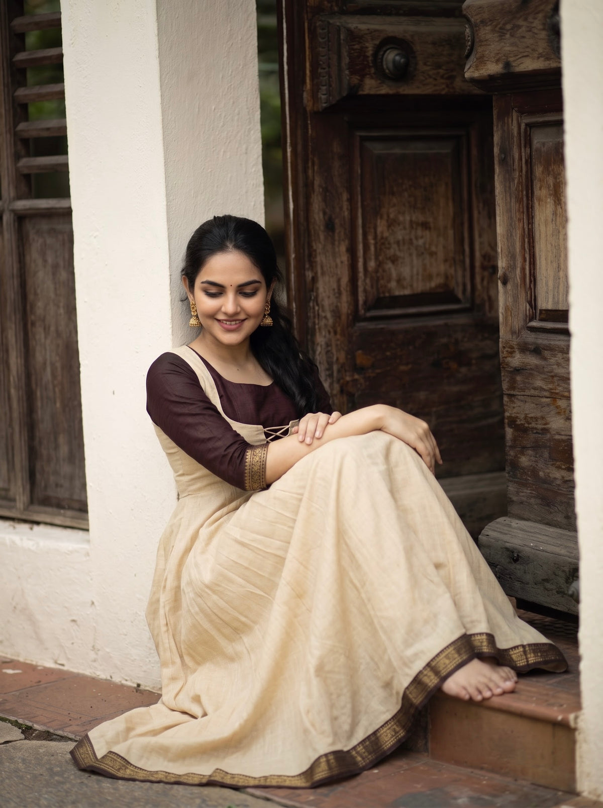 Lace-Up Handloom Maxi Dharani - Ivory Plum