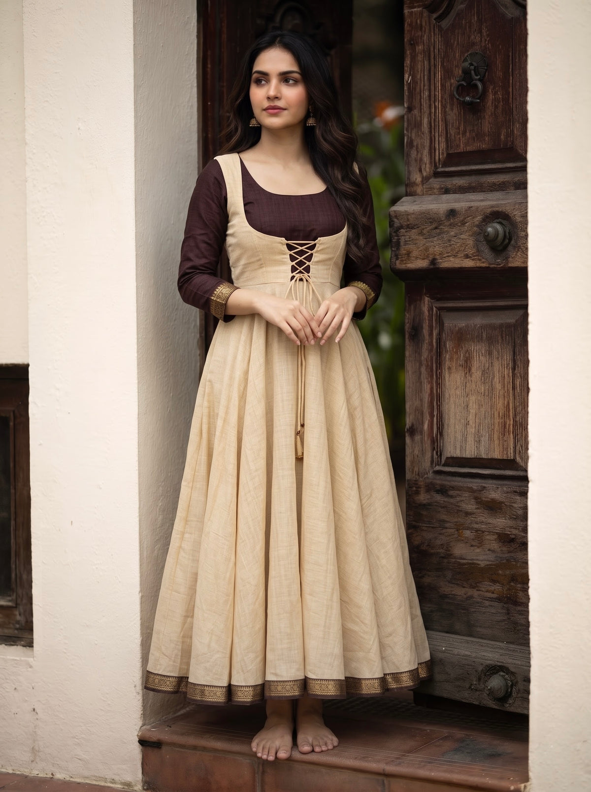 Lace-Up Handloom Maxi Dharani - Ivory Plum