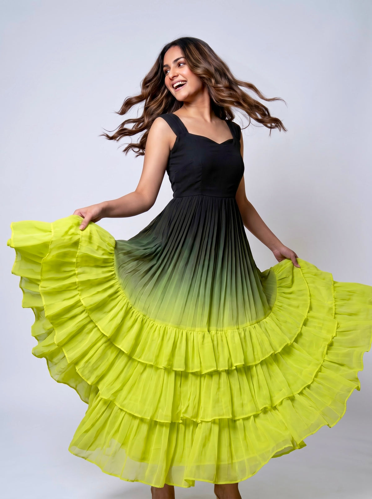 Three Layer Midi Dress Vasanta -  Ombré Black and Lime