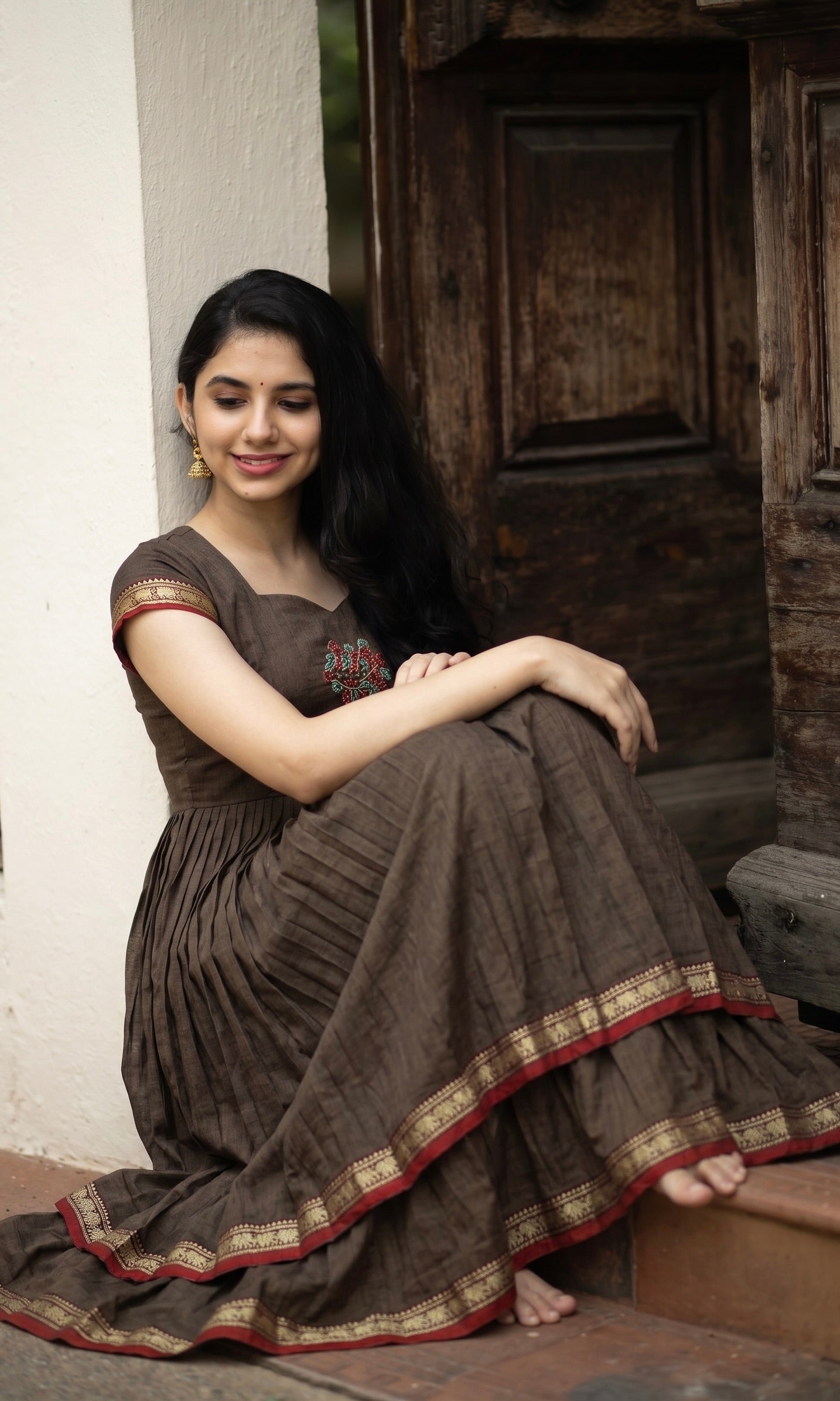 DOUBLE LAYER NARAYAN PET DRESS LAKSHMI-MUDRA BROWN